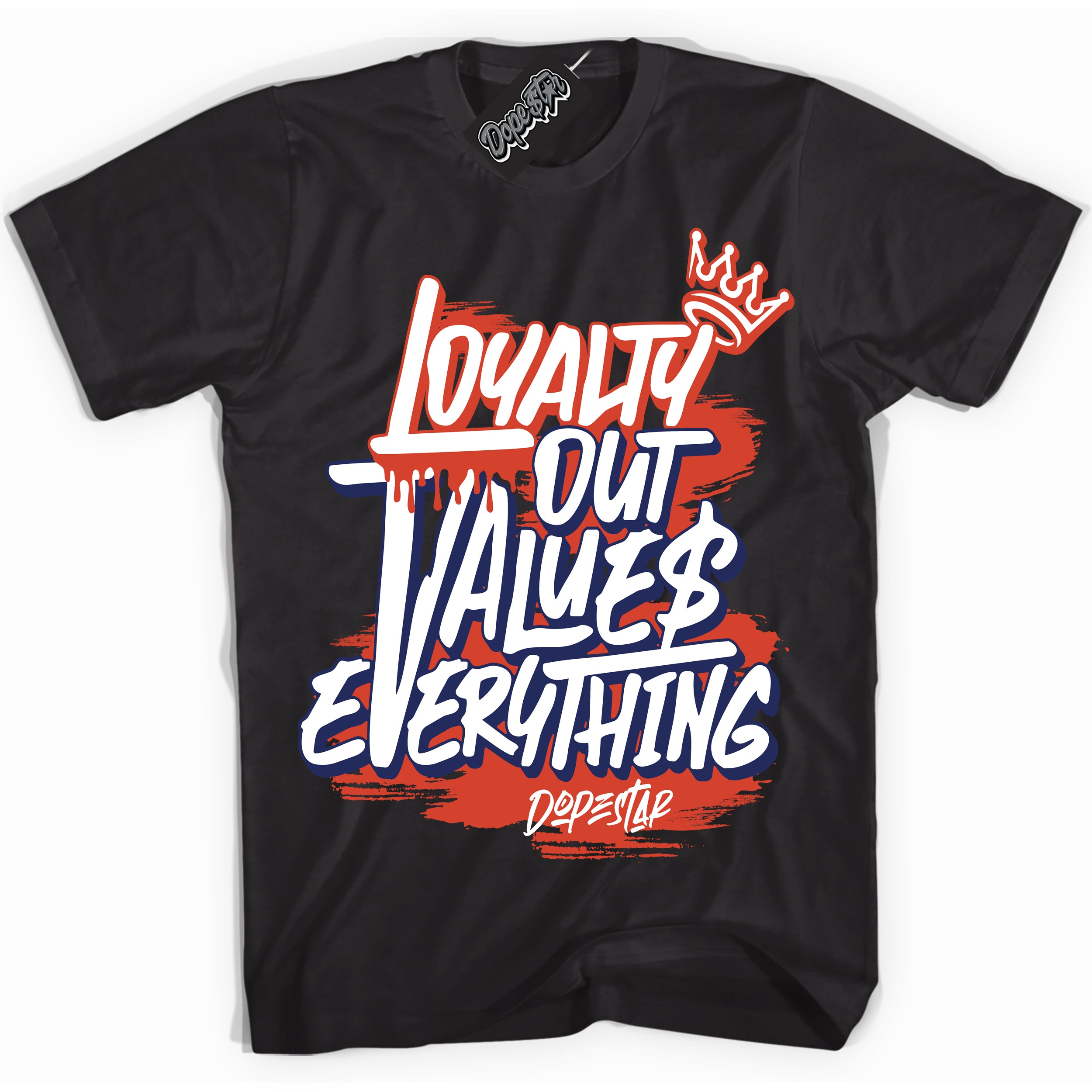 Cool Black Shirt with “ Loyalty Out Values Everything” design that perfectly matches Knicks Sneakers.