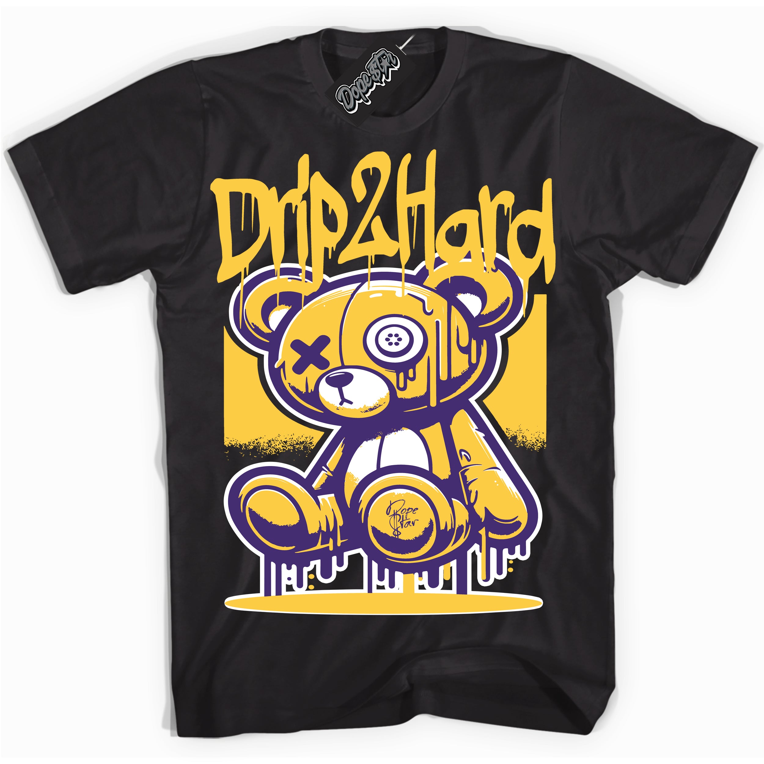 Cool Black graphic tee with “ Drip 2 Hard ” design, that perfectly matches Dunk High Lakers  