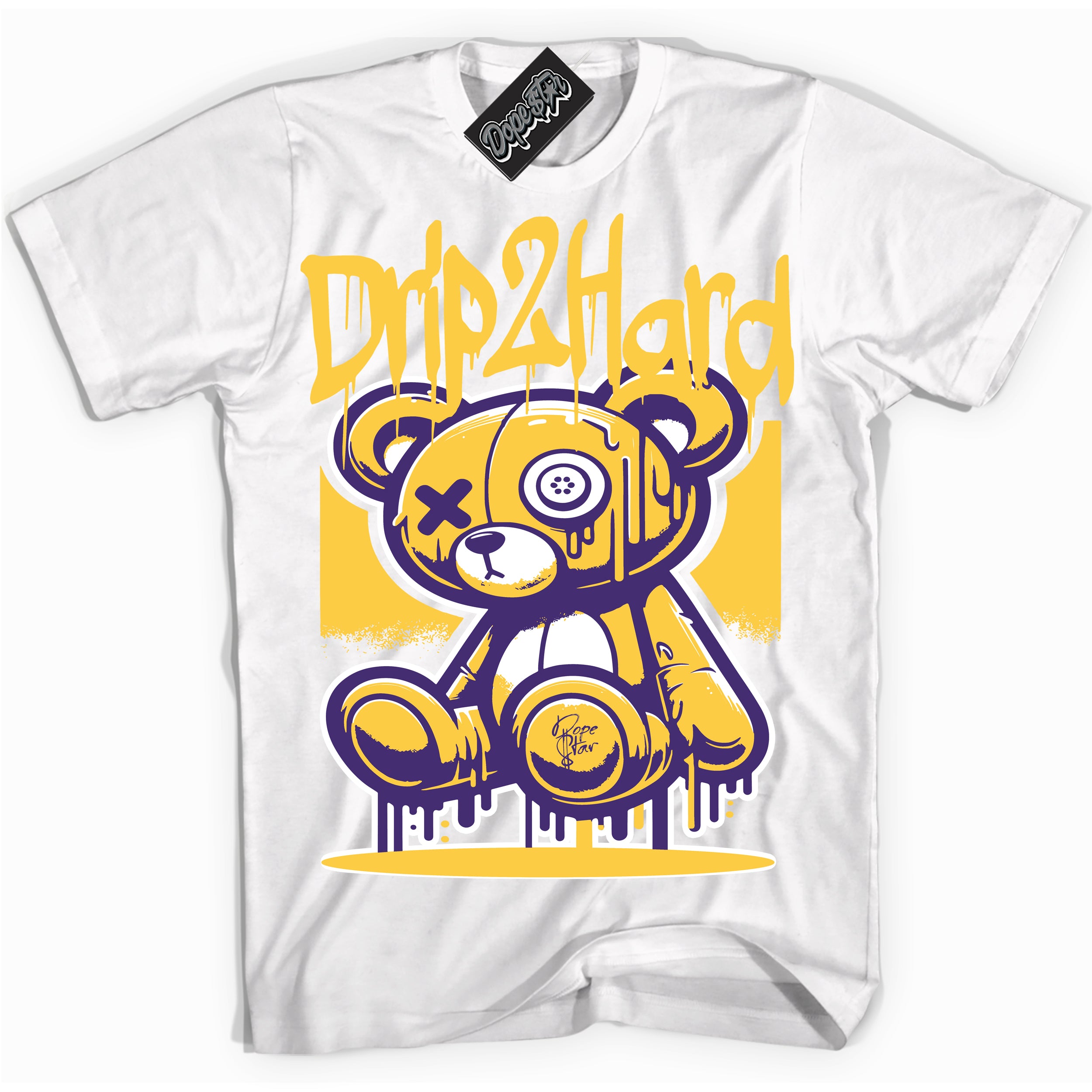 Cool White graphic tee with “ Drip 2 Hard ” design, that perfectly matches Dunk High Lakers  