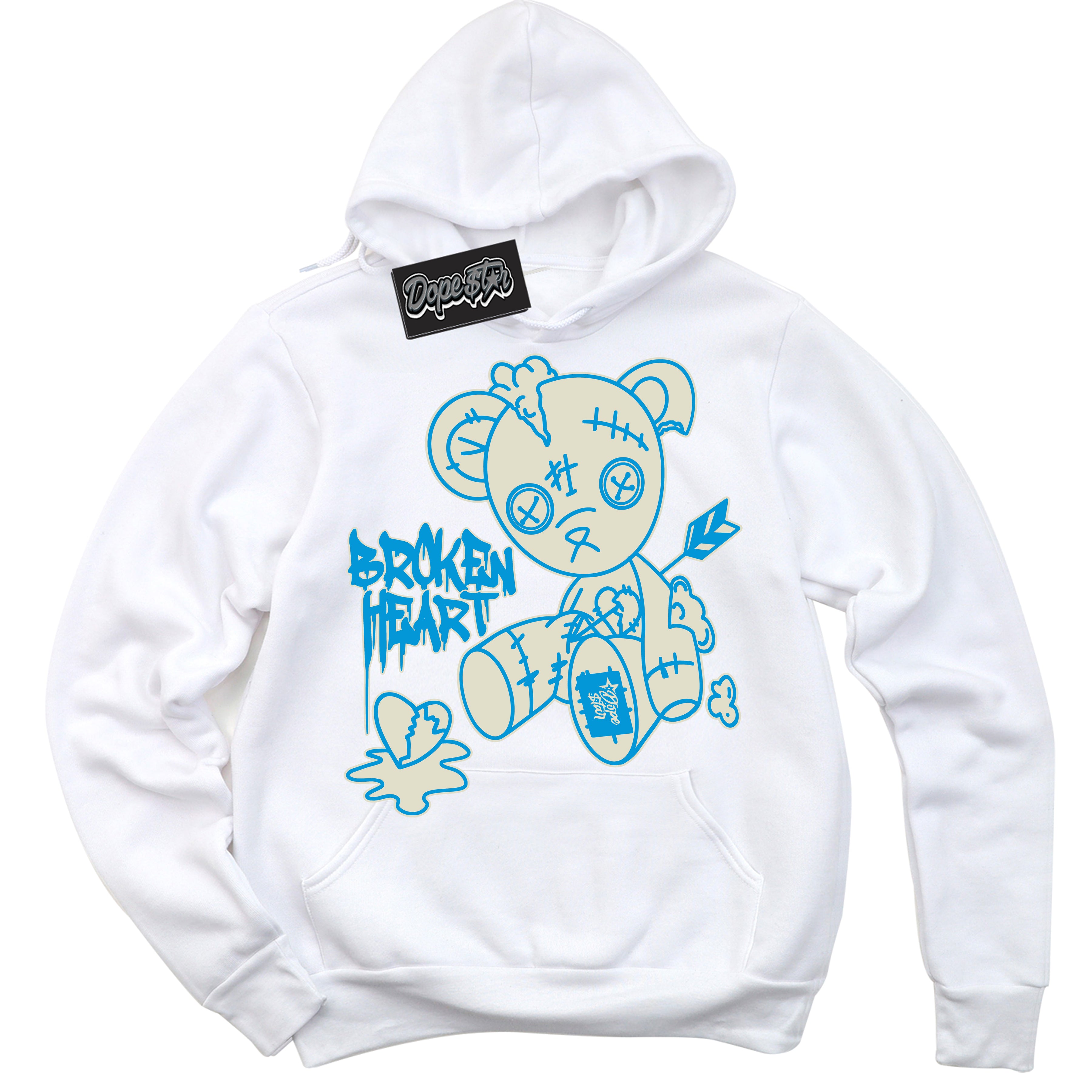 Dunk High Next Nature Light Khaki Star Blue 'Broken Heart Bear' Hoodie – White Streetwear Sweatshirt | Sneaker Matching Hoodie for Dunk High Next Nature Light Khaki Star Blue | Urban Fashion for Broken Heart Bear | Men's & Women's Streetwear Outfit by Sneaker Shirts Outlet.
