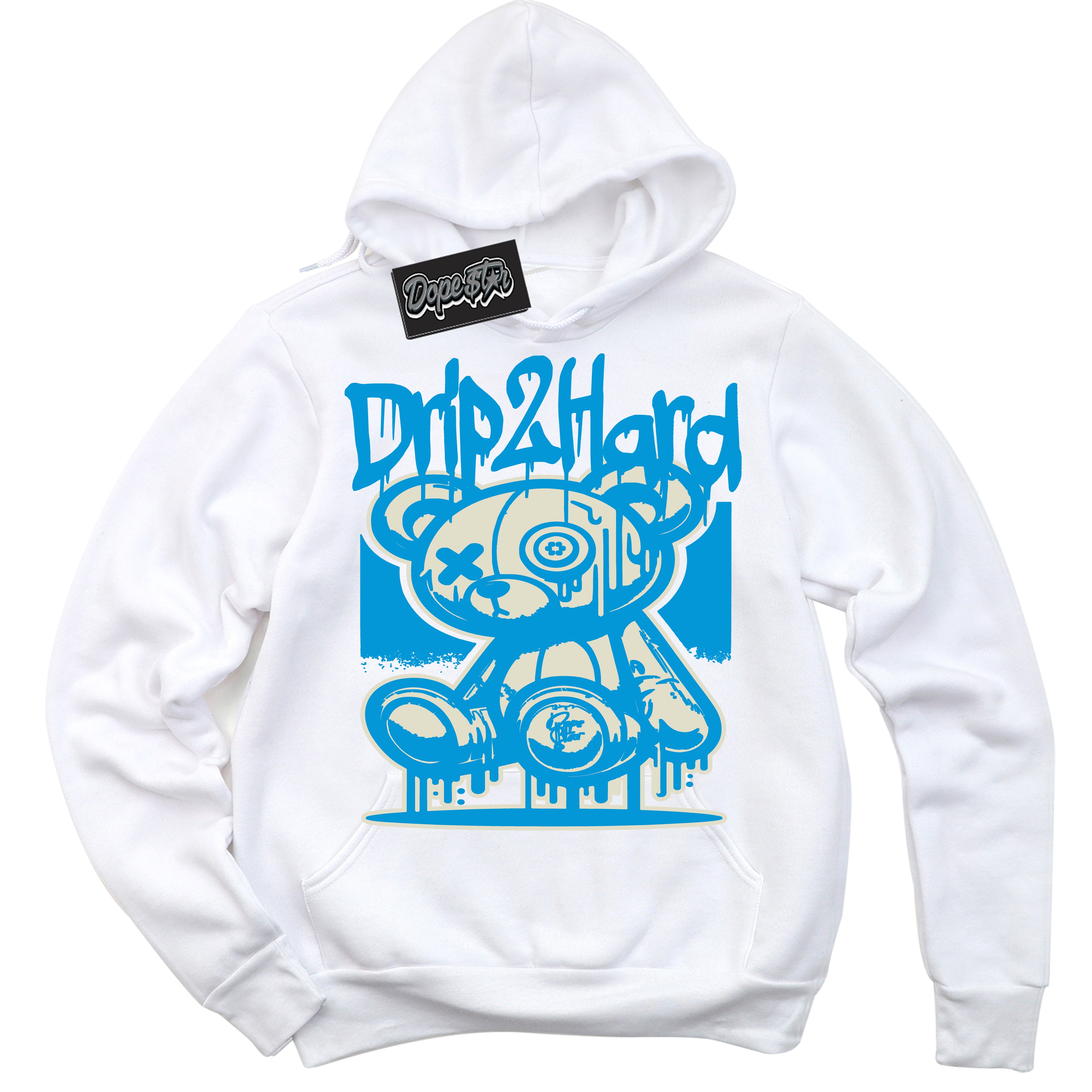 Dunk High Next Nature Light Khaki Star Blue 'Drip 2 Hard' Hoodie – White Streetwear Sweatshirt | Sneaker Matching Hoodie for Dunk High Next Nature Light Khaki Star Blue | Urban Fashion for Drip 2 Hard | Men's & Women's Streetwear Outfit by Sneaker Shirts Outlet.