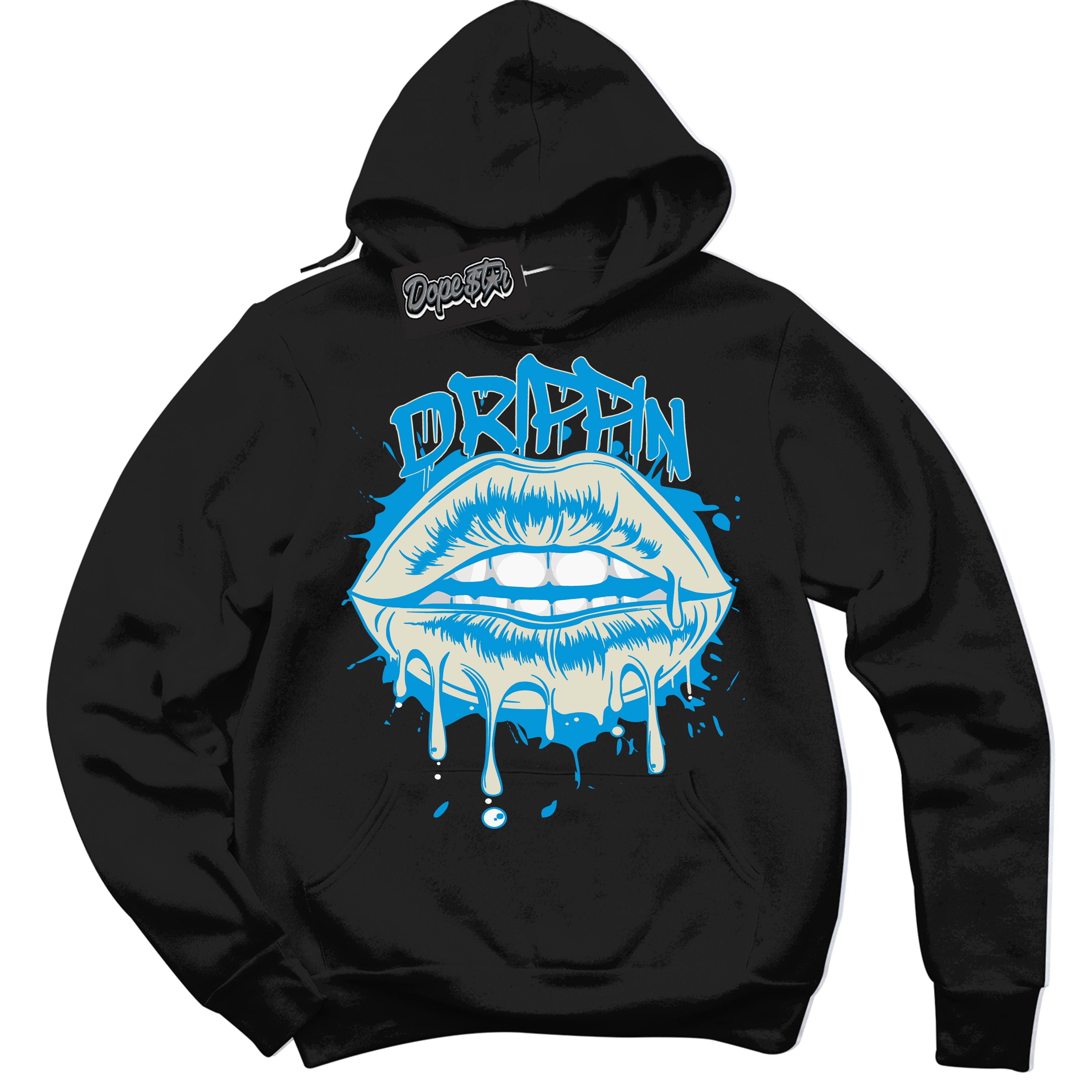 Dunk High Next Nature Light Khaki Star Blue 'Drippin' Hoodie – Black Streetwear Sweatshirt | Sneaker Matching Hoodie for Dunk High Next Nature Light Khaki Star Blue | Urban Fashion for Drippin | Men's & Women's Streetwear Outfit by Sneaker Shirts Outlet.
