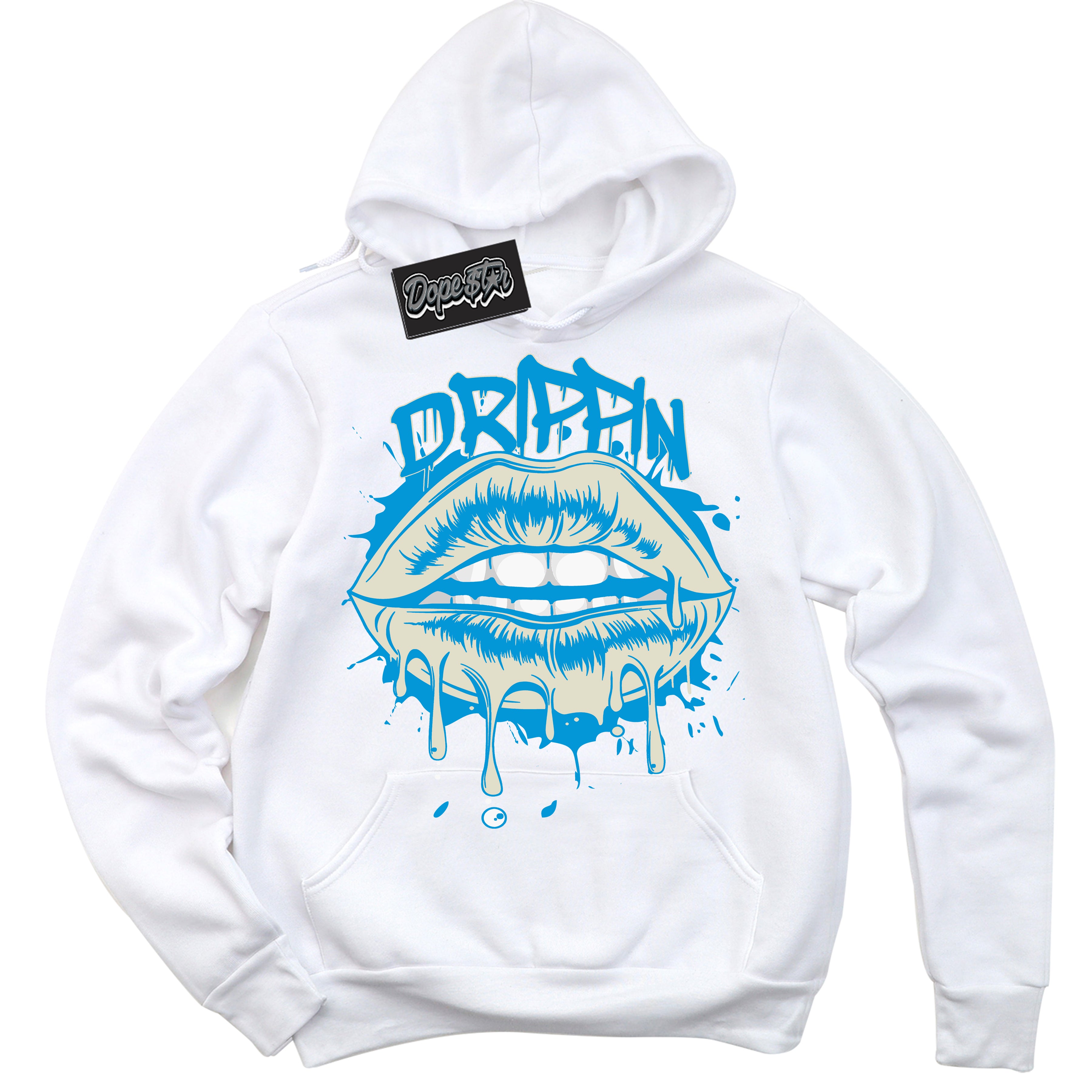 Dunk High Next Nature Light Khaki Star Blue 'Drippin' Hoodie – White Streetwear Sweatshirt | Sneaker Matching Hoodie for Dunk High Next Nature Light Khaki Star Blue | Urban Fashion for Drippin | Men's & Women's Streetwear Outfit by Sneaker Shirts Outlet.
