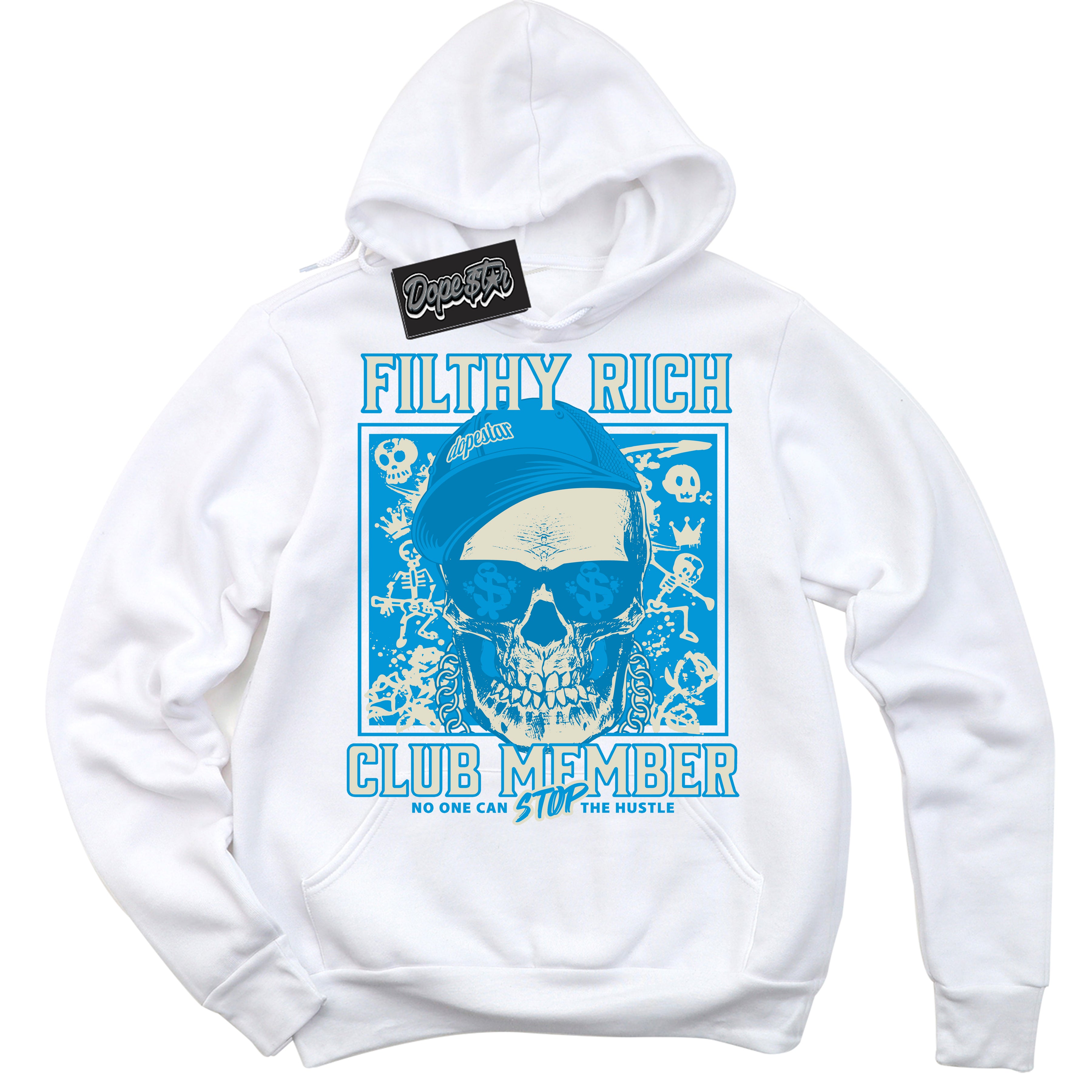 Dunk High Next Nature Light Khaki Star Blue 'Filthy Rich' Hoodie – White Streetwear Sweatshirt | Sneaker Matching Hoodie for Dunk High Next Nature Light Khaki Star Blue | Urban Fashion for Filthy Rich | Men's & Women's Streetwear Outfit by Sneaker Shirts Outlet.
