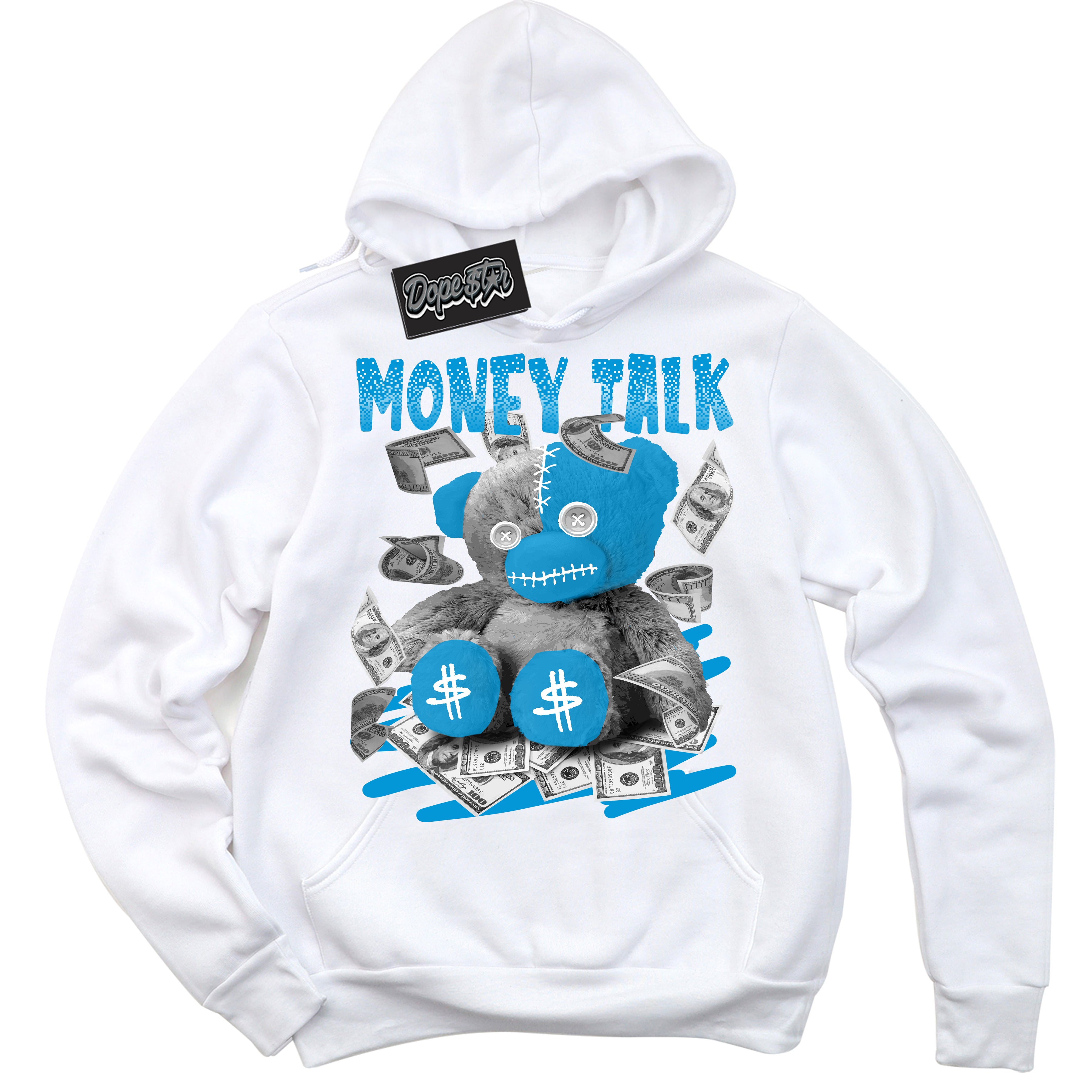 Dunk High Next Nature Light Khaki Star Blue 'Money Talk Bear' Hoodie – White Streetwear Sweatshirt | Sneaker Matching Hoodie for Dunk High Next Nature Light Khaki Star Blue | Urban Fashion for Money Talk Bear | Men's & Women's Streetwear Outfit by Sneaker Shirts Outlet.