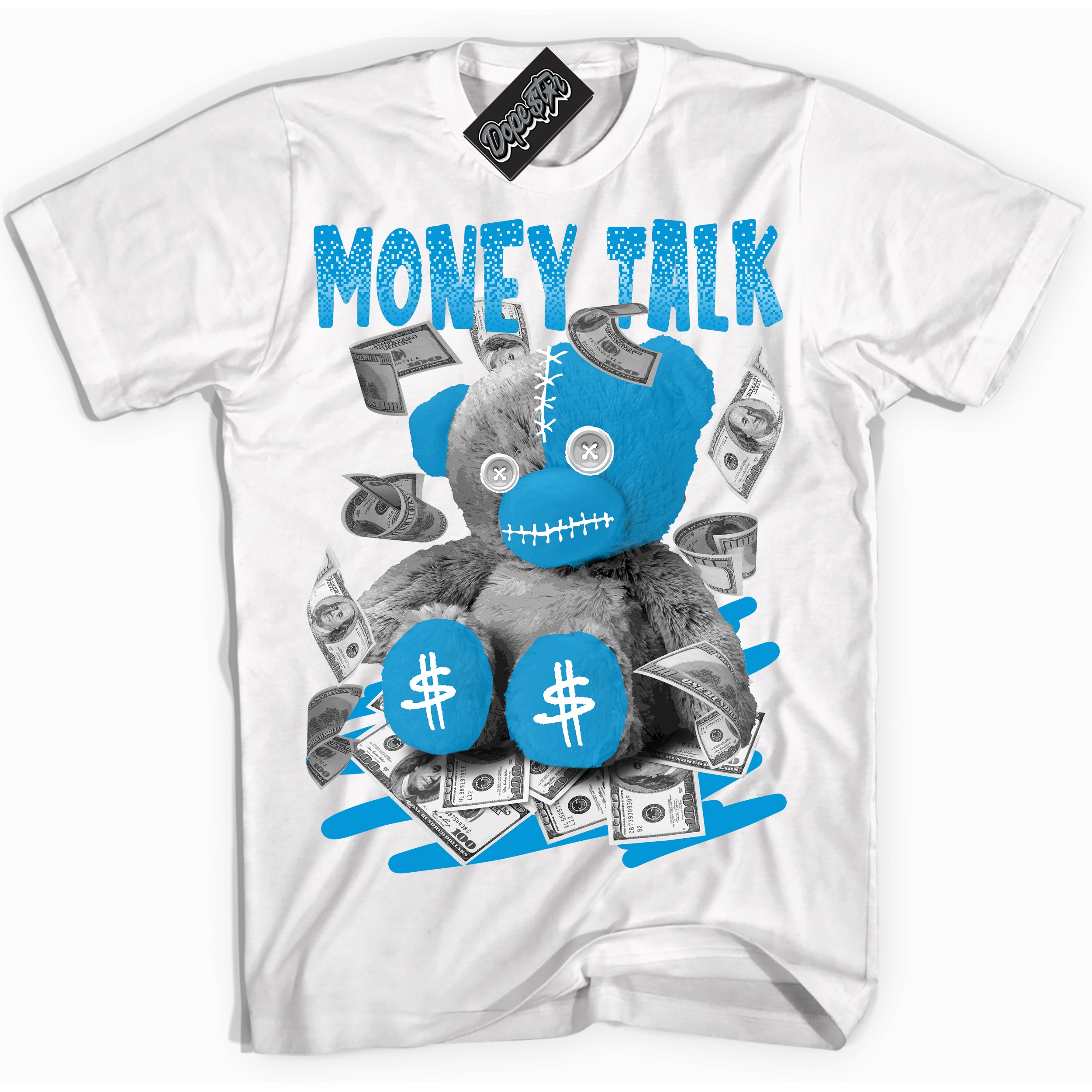 Dunk High Next Nature Light Khaki Star Blue 'Money Talk Bear' Shirt – White Streetwear T-Shirt | Sneaker Matching Tee for Dunk High Next Nature Light Khaki Star Blue | Urban Fashion for Money Talk Bear | Men's & Women's Streetwear Outfit by Sneaker Shirts Outlet.
