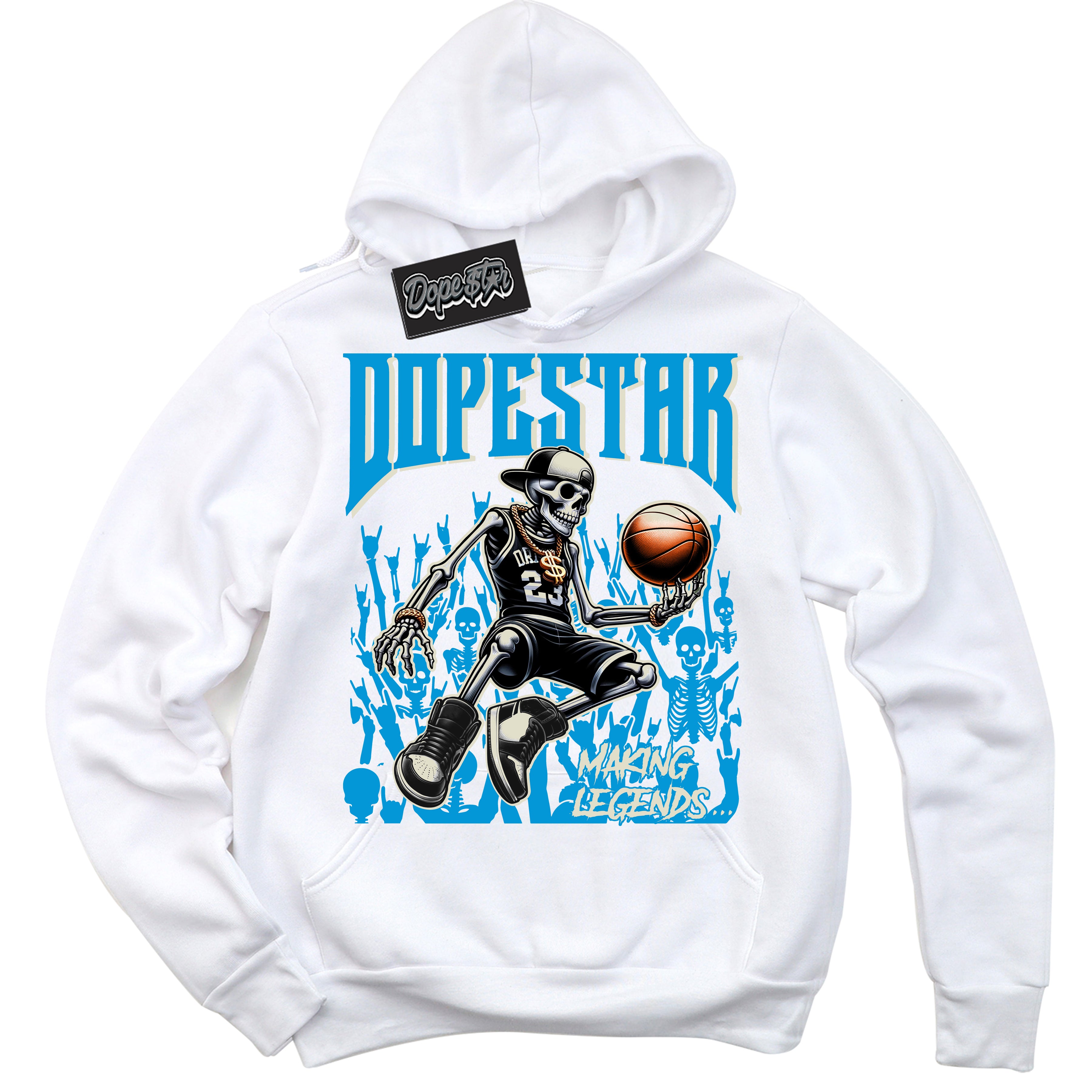 Dunk High Next Nature Light Khaki Star Blue 'Making Legends' Hoodie – White Streetwear Sweatshirt | Sneaker Matching Hoodie for Dunk High Next Nature Light Khaki Star Blue | Urban Fashion for Making Legends | Men's & Women's Streetwear Outfit by Sneaker Shirts Outlet.

