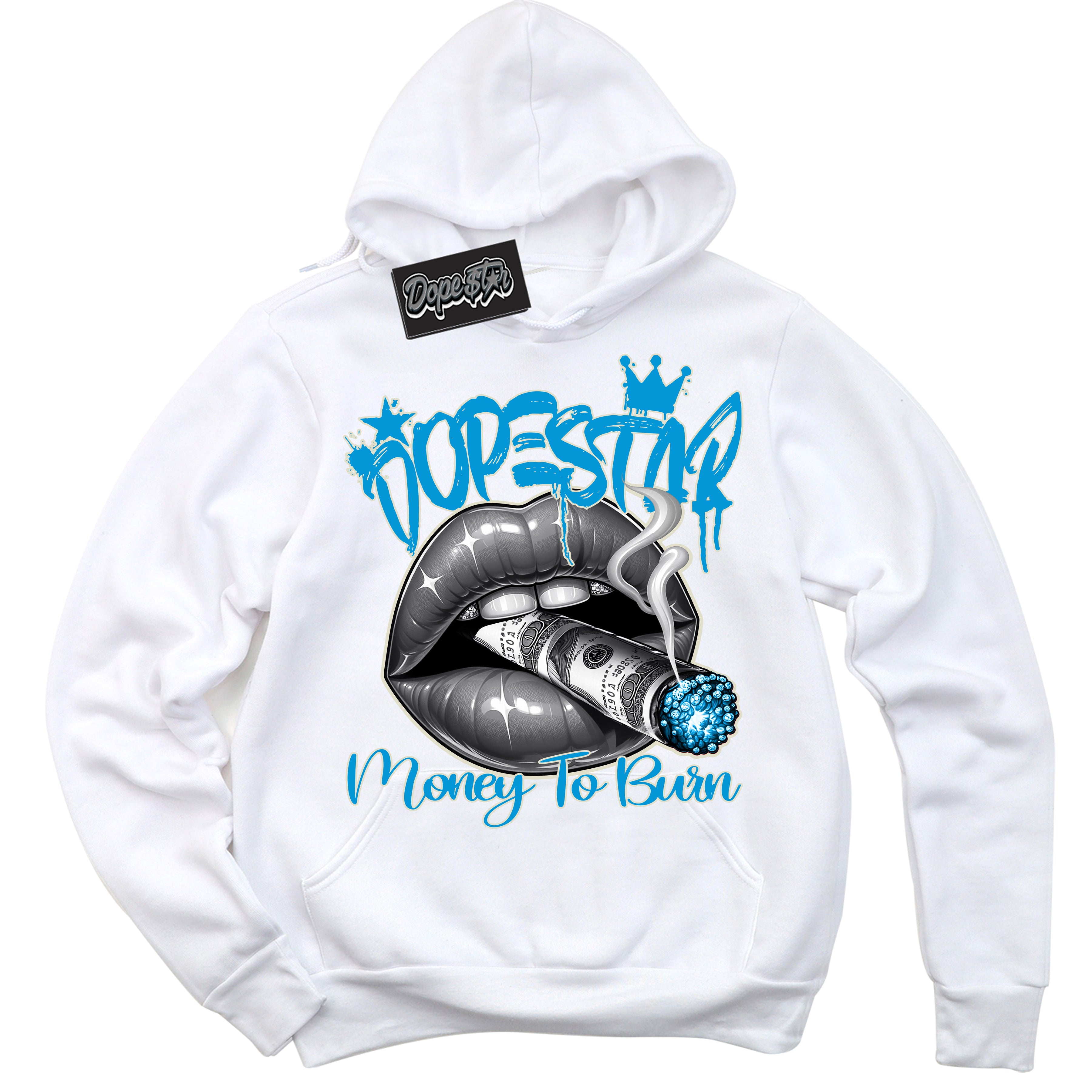 Dunk High Next Nature Light Khaki Star Blue 'Money To Burn' Hoodie – White Streetwear Sweatshirt | Sneaker Matching Hoodie for Dunk High Next Nature Light Khaki Star Blue | Urban Fashion for Money To Burn | Men's & Women's Streetwear Outfit by Sneaker Shirts Outlet.
