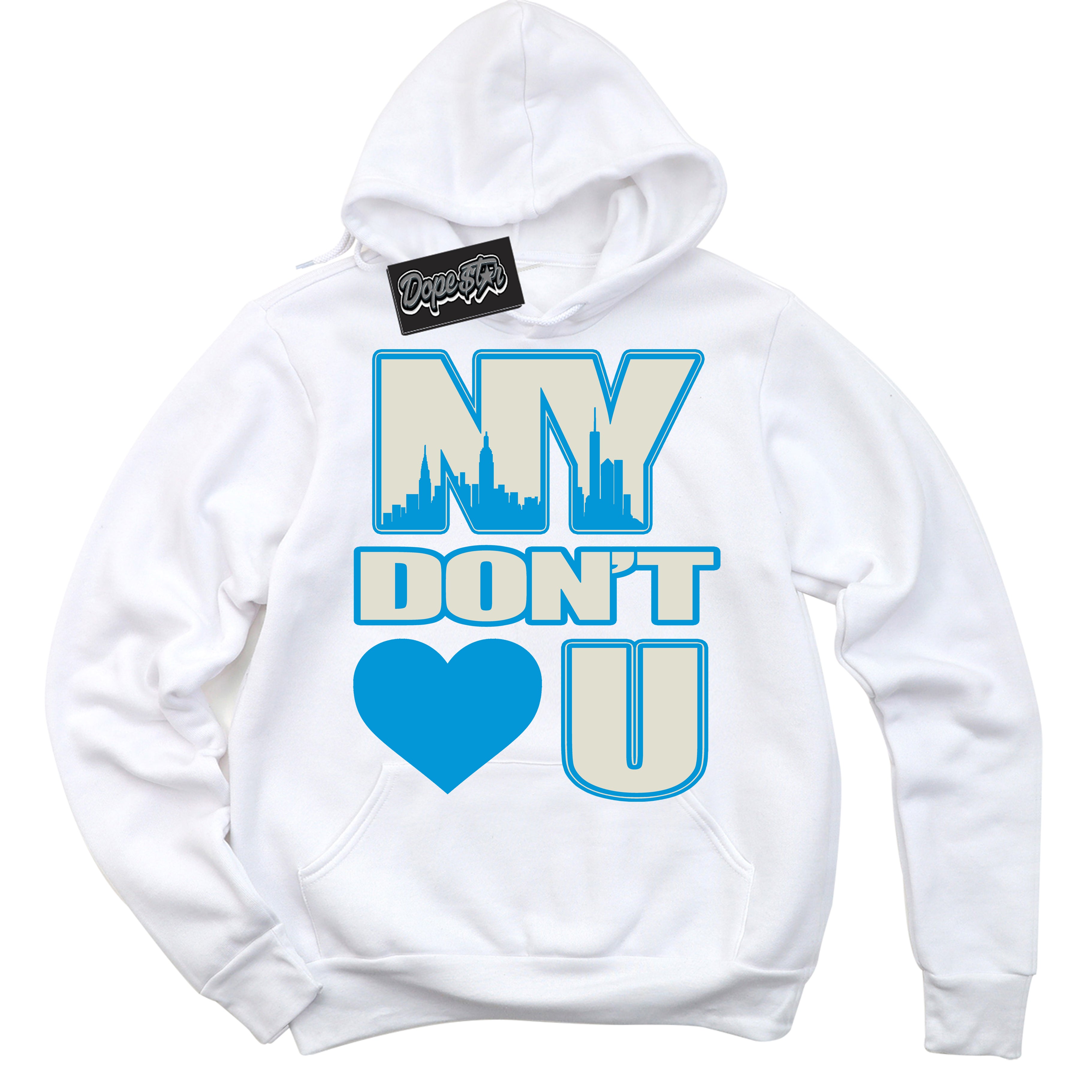 Dunk High Next Nature Light Khaki Star Blue 'NY Don't Love You' Hoodie – White Streetwear Sweatshirt | Sneaker Matching Hoodie for Dunk High Next Nature Light Khaki Star Blue | Urban Fashion for NY Don't Love You | Men's & Women's Streetwear Outfit by Sneaker Shirts Outlet.