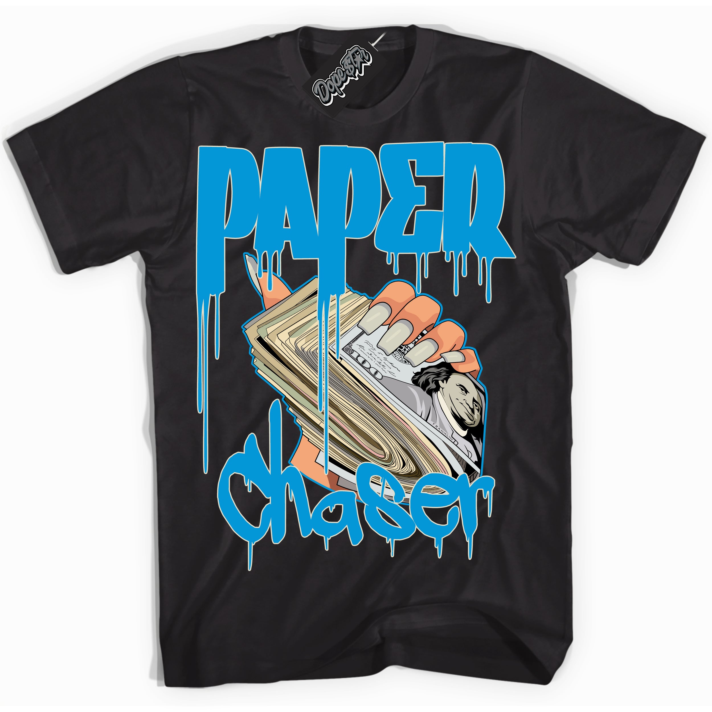 Dunk High Next Nature Light Khaki Star Blue 'Paper Chaser' Shirt – Black Streetwear T-Shirt | Sneaker Matching Tee for Dunk High Next Nature Light Khaki Star Blue | Men's & Women's Streetwear Outfit by Sneaker Shirts Outlet.
