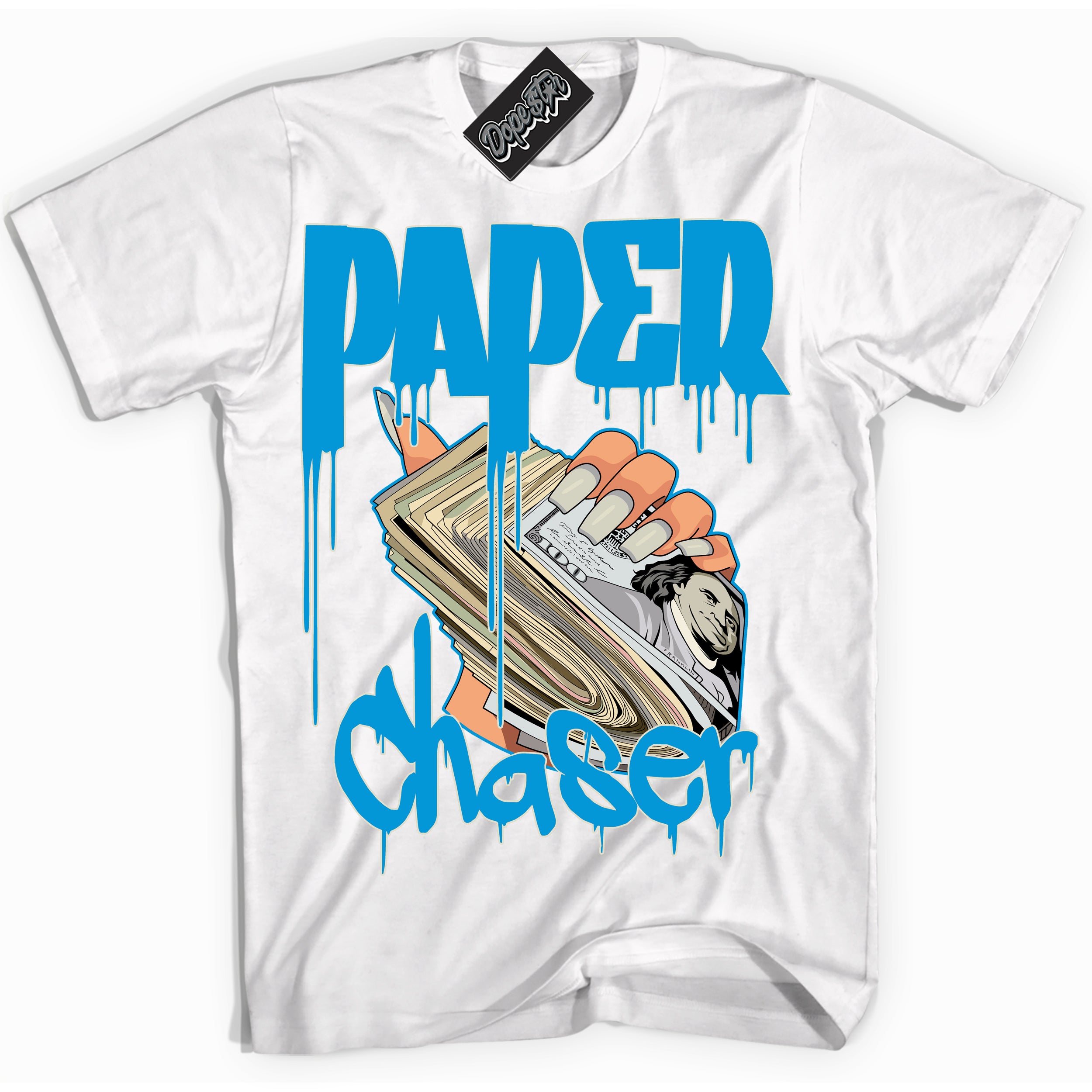 Dunk High Next Nature Light Khaki Star Blue 'Paper Chaser' Shirt – White Streetwear T-Shirt | Sneaker Matching Tee for Dunk High Next Nature Light Khaki Star Blue | Men's & Women's Streetwear Outfit by Sneaker Shirts Outlet.
