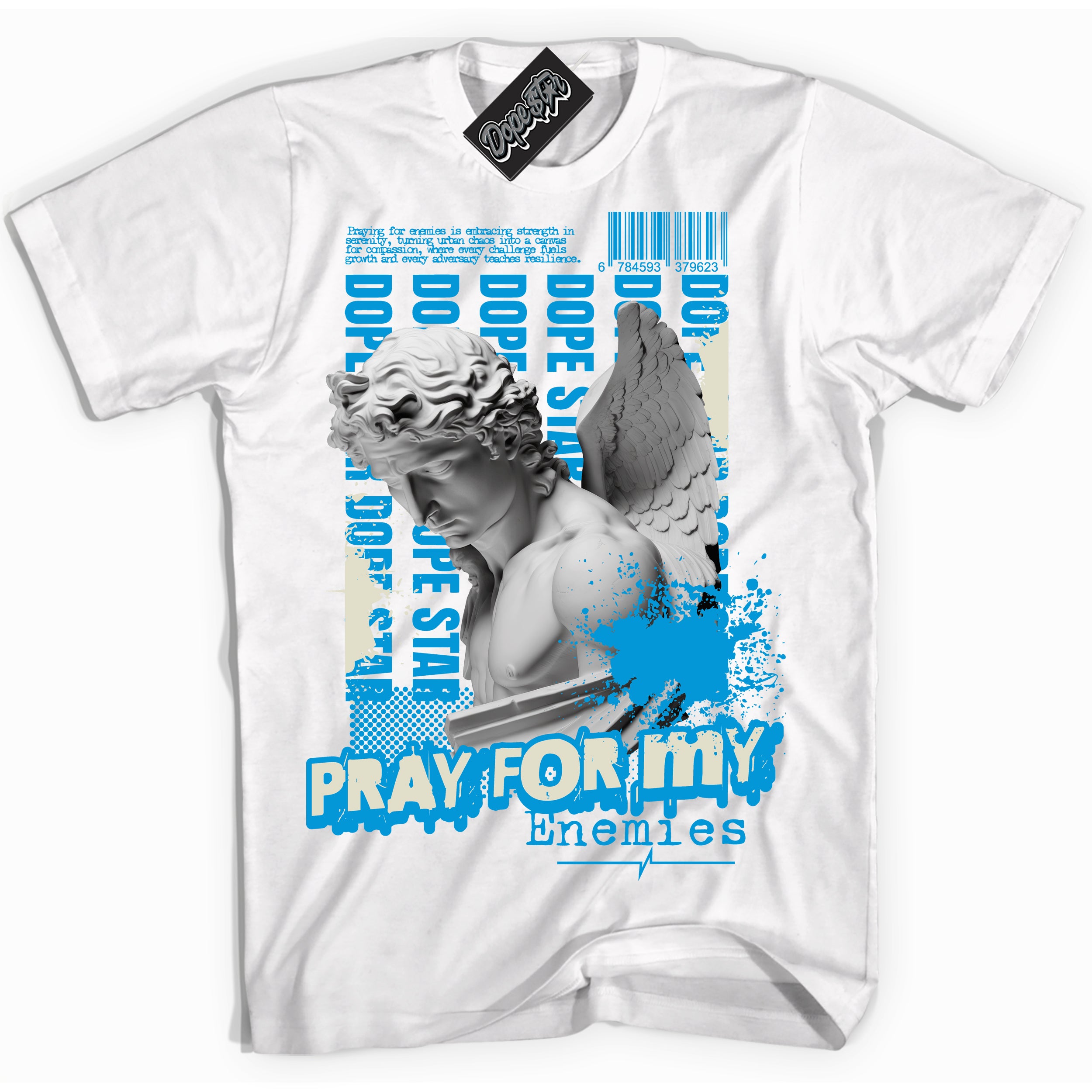 Dunk High Next Nature Light Khaki Star Blue 'Pray Enemies' Shirt – White Streetwear T-Shirt | Sneaker Matching Tee for Dunk High Next Nature Light Khaki Star Blue | Urban Fashion for Pray Enemies | Men's & Women's Streetwear Outfit by Sneaker Shirts Outlet.
