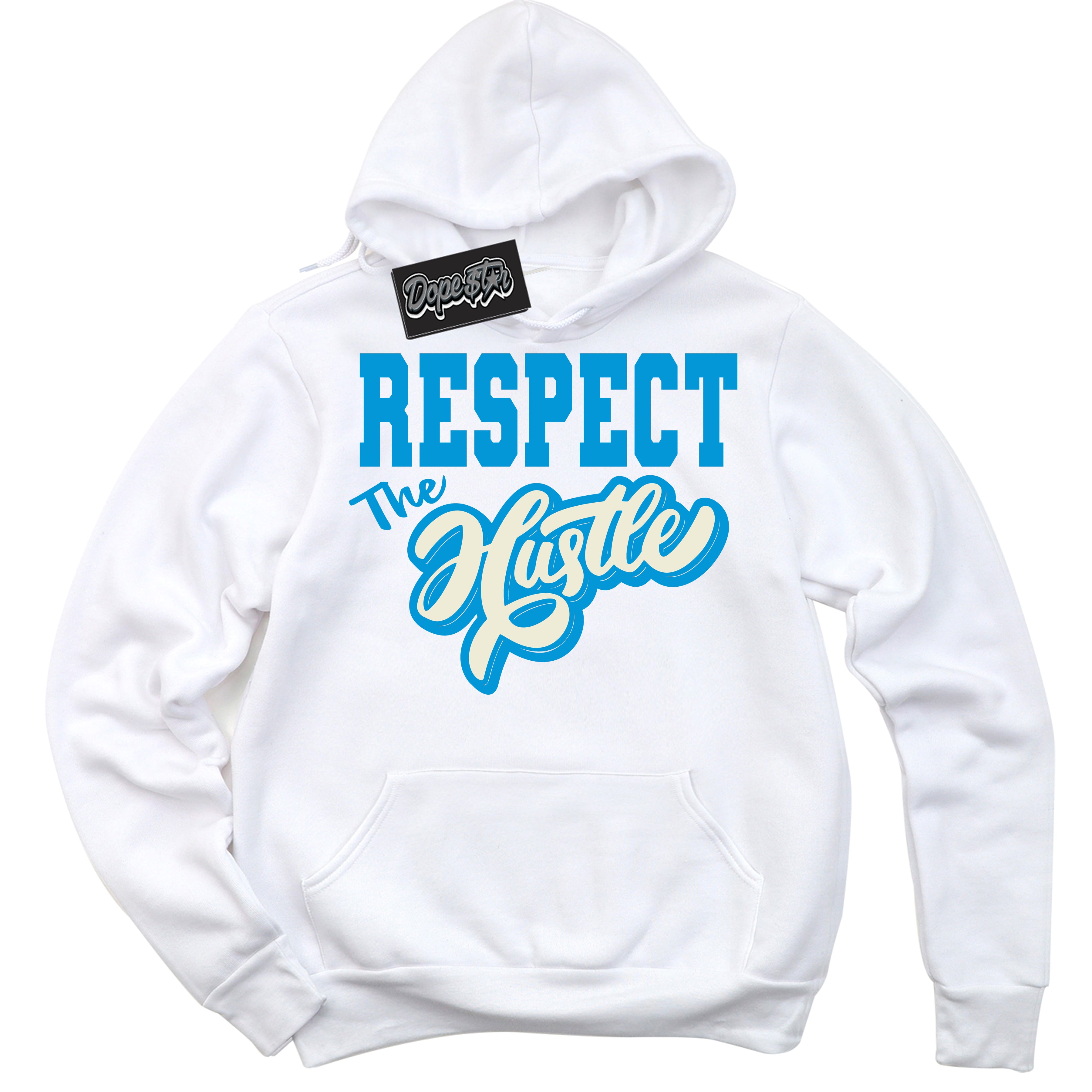Dunk High Next Nature Light Khaki Star Blue 'Respect The Hustle' Hoodie – White Streetwear Sweatshirt | Sneaker Matching Hoodie for Dunk High Next Nature Light Khaki Star Blue | Urban Fashion for Respect The Hustle | Men's & Women's Streetwear Outfit by Sneaker Shirts Outlet.
