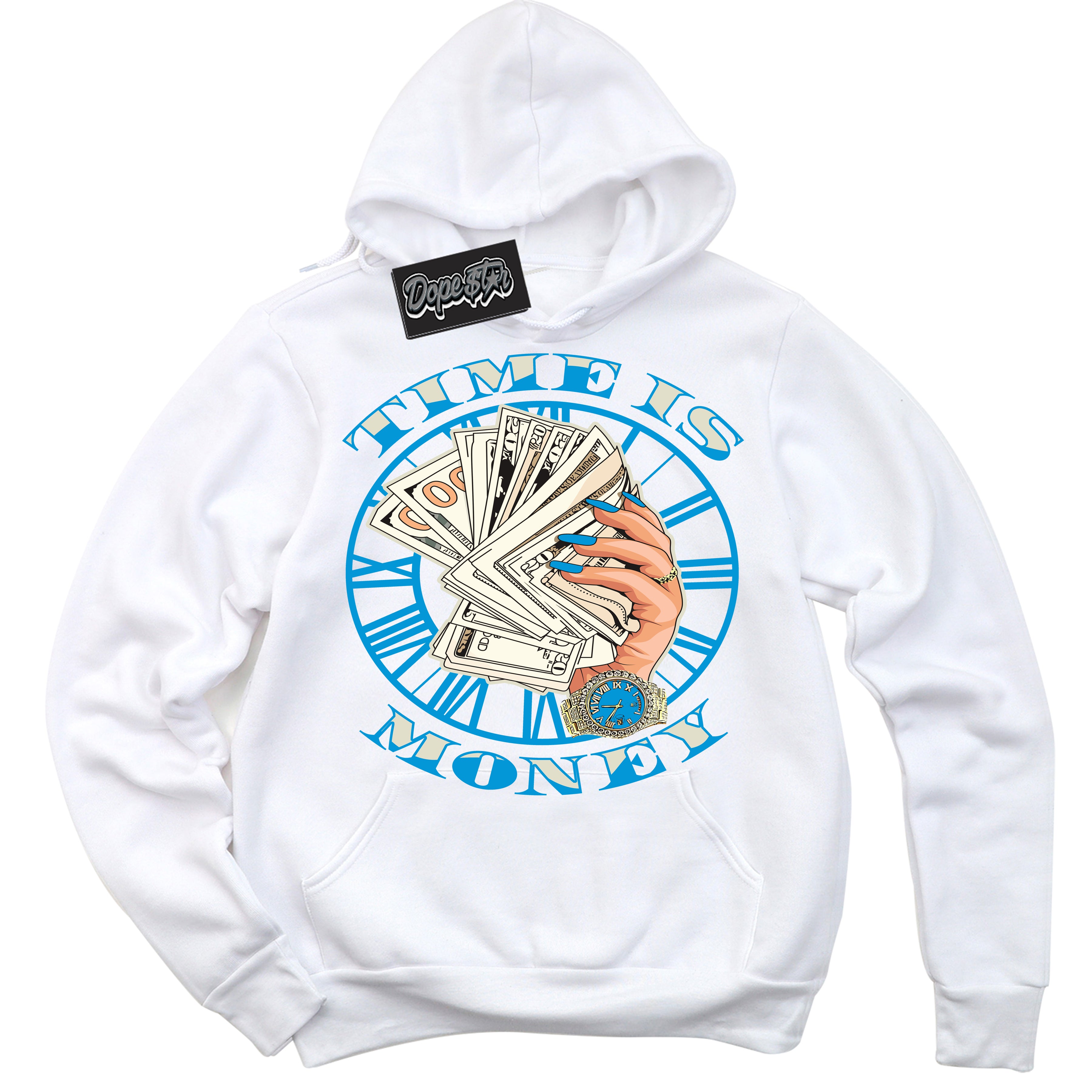 Dunk High Next Nature Light Khaki Star Blue 'Time Is Money' Hoodie – White Streetwear Sweatshirt | Sneaker Matching Hoodie for Dunk High Next Nature Light Khaki Star Blue | Urban Fashion for Time Is Money | Men's & Women's Streetwear Outfit by Sneaker Shirts Outlet.
