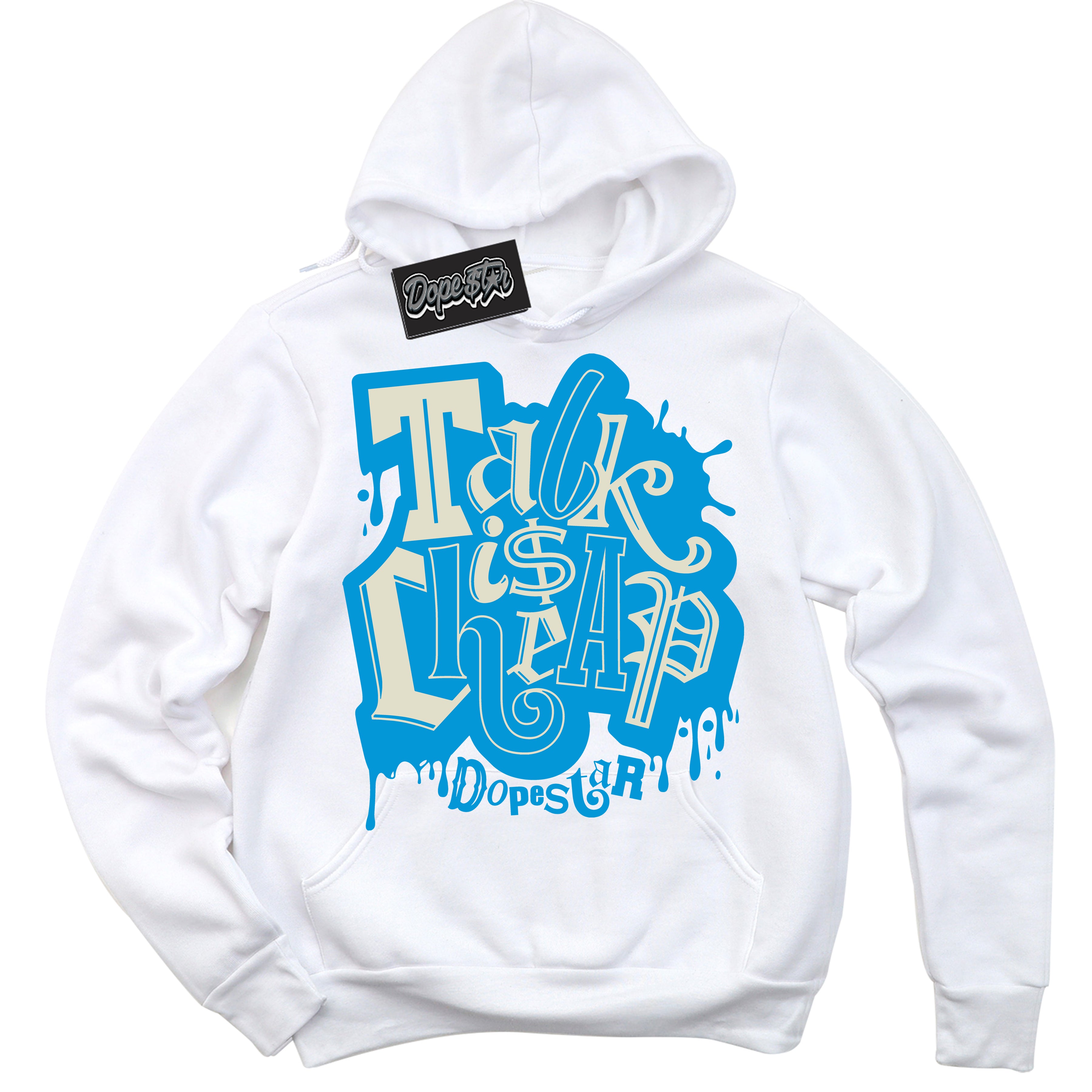 Dunk High Next Nature Light Khaki Star Blue 'Talk Is Cheap' Hoodie – White Streetwear Sweatshirt | Sneaker Matching Hoodie for Dunk High Next Nature Light Khaki Star Blue | Urban Fashion for Talk Is Cheap | Men's & Women's Streetwear Outfit by Sneaker Shirts Outlet.