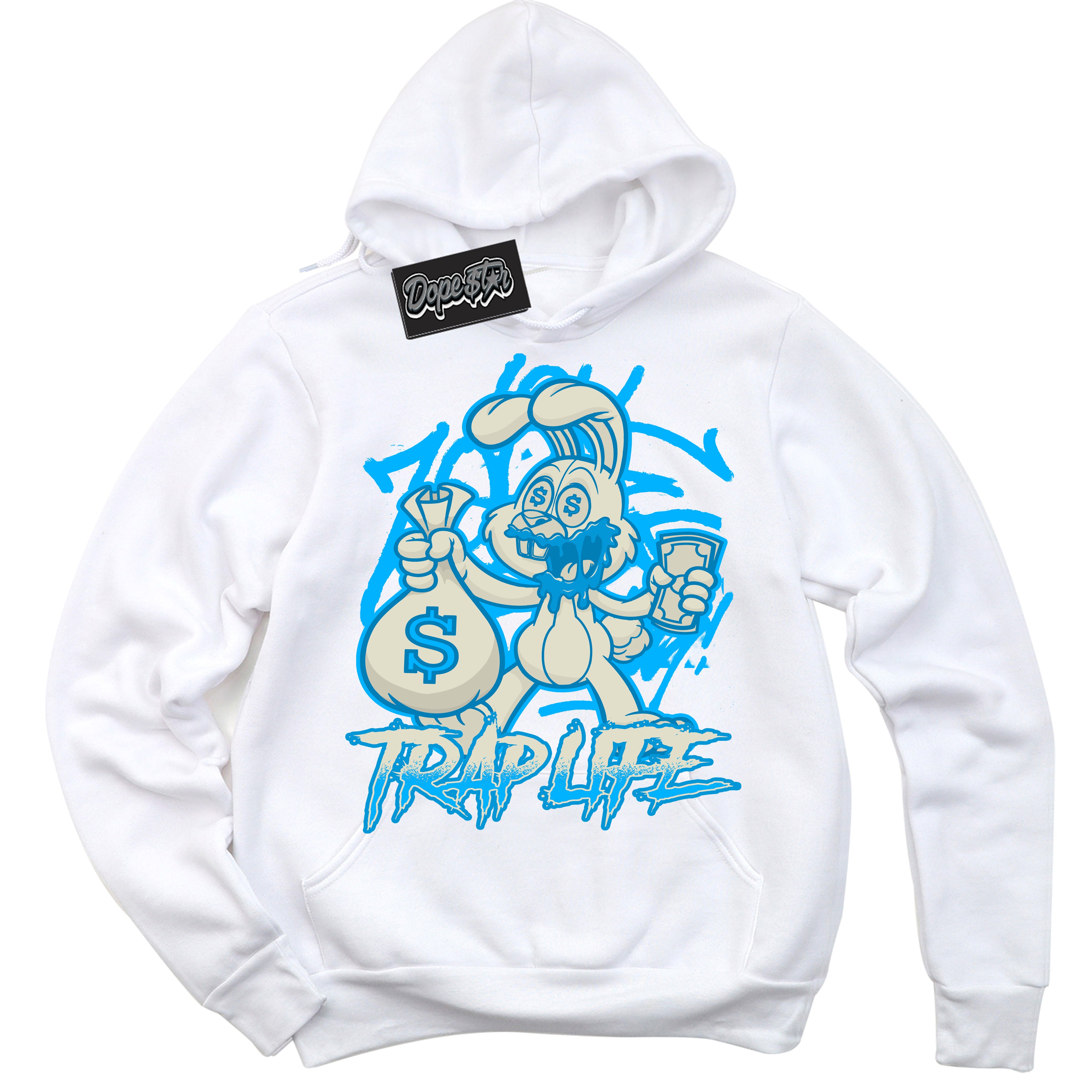 Dunk High Next Nature Light Khaki Star Blue 'Trap Rabbit' Hoodie – White Streetwear Sweatshirt | Sneaker Matching Hoodie for Dunk High Next Nature Light Khaki Star Blue | Urban Fashion for Trap Rabbit | Men's & Women's Streetwear Outfit by Sneaker Shirts Outlet.
