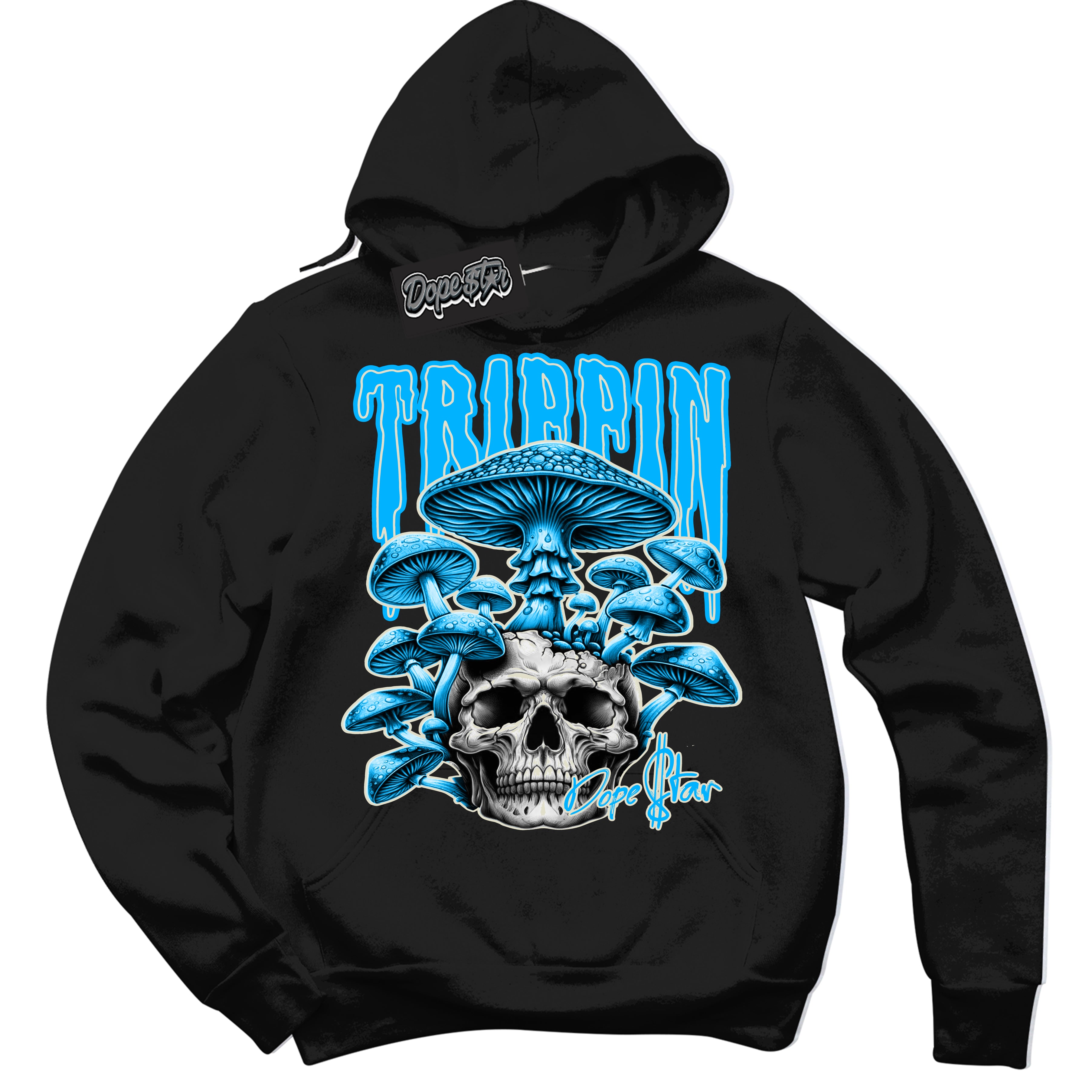 Dunk High Next Nature Light Khaki Star Blue 'Trippin' Hoodie – Black Streetwear Sweatshirt | Sneaker Matching Hoodie for Dunk High Next Nature Light Khaki Star Blue | Urban Fashion for Trippin | Men's & Women's Streetwear Outfit by Sneaker Shirts Outlet.
