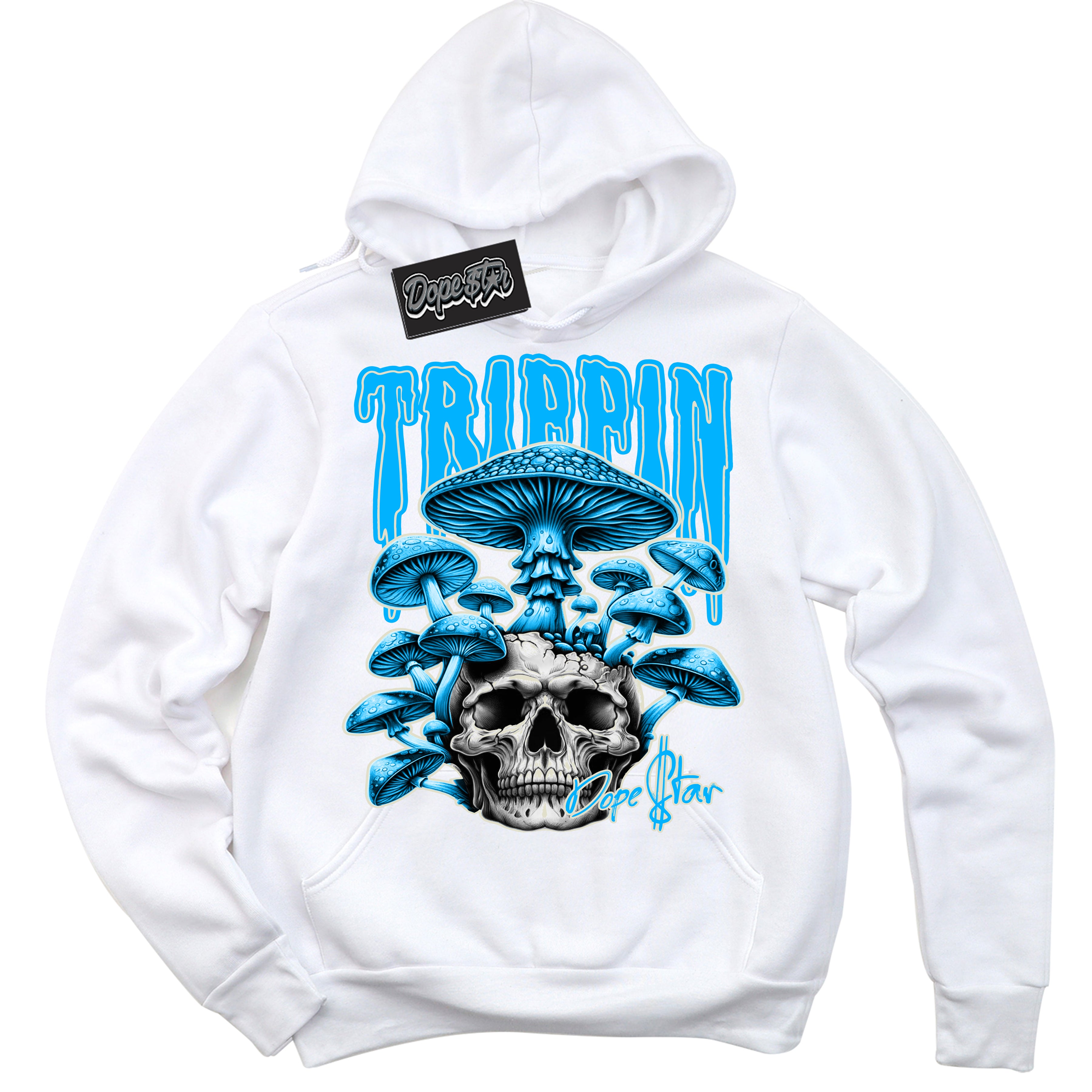 Dunk High Next Nature Light Khaki Star Blue 'Trippin' Hoodie – White Streetwear Sweatshirt | Sneaker Matching Hoodie for Dunk High Next Nature Light Khaki Star Blue | Urban Fashion for Trippin | Men's & Women's Streetwear Outfit by Sneaker Shirts Outlet.
