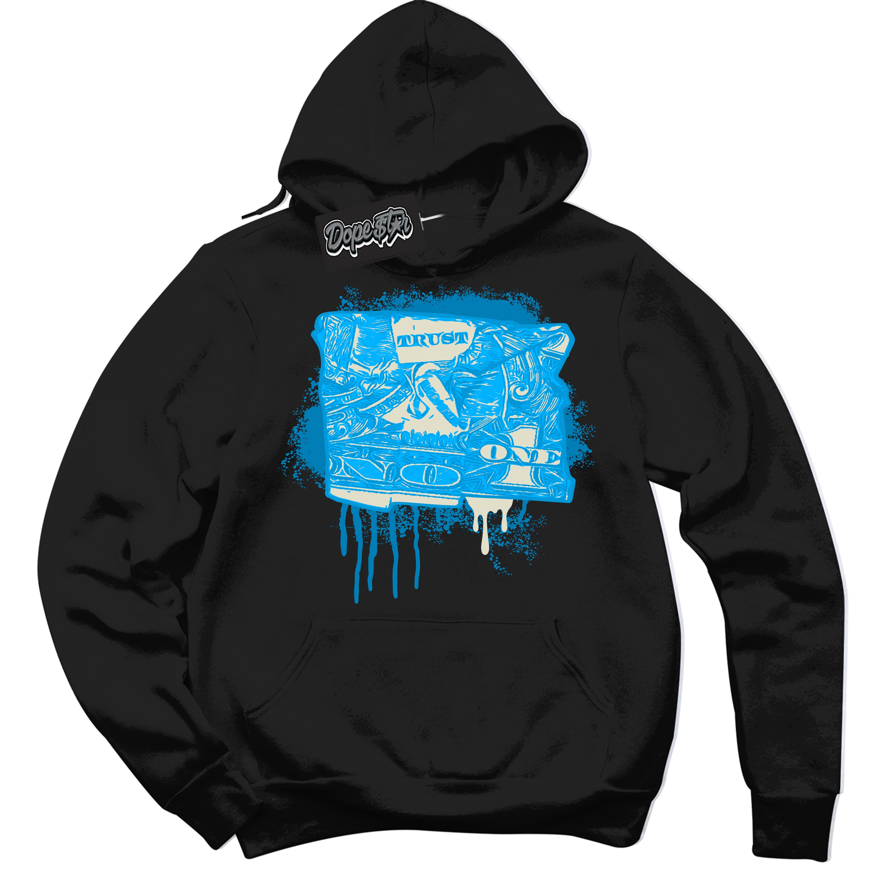 Dunk High Next Nature Light Khaki Star Blue 'Trust No One Dollar' Hoodie – Black Streetwear Sweatshirt | Sneaker Matching Hoodie for Dunk High Next Nature Light Khaki Star Blue | Urban Fashion for Trust No One Dollar | Men's & Women's Streetwear Outfit by Sneaker Shirts Outlet.