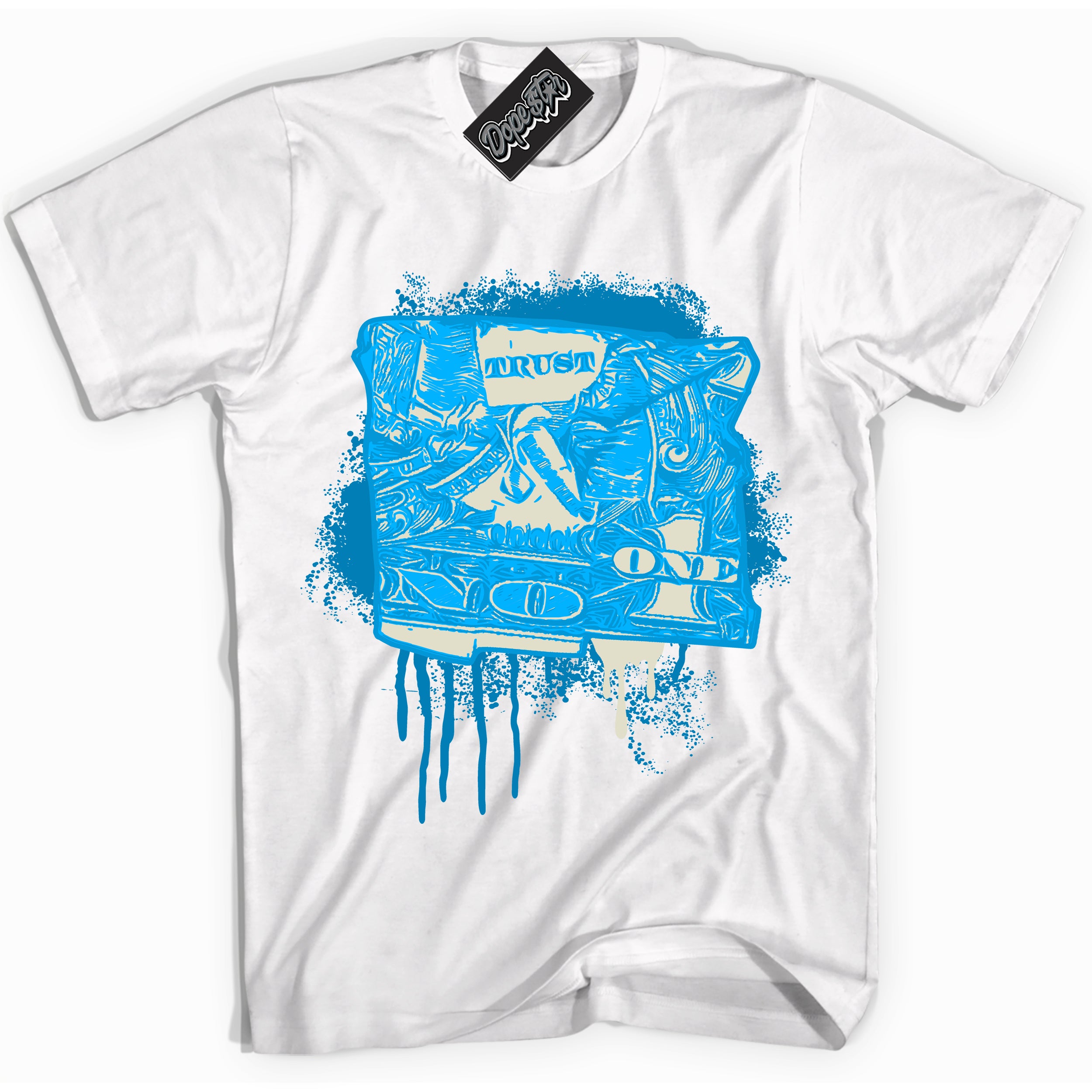 Dunk High Next Nature Light Khaki Star Blue 'Trust No One Dollar' Shirt – White Streetwear T-Shirt | Sneaker Matching Tee for Dunk High Next Nature Light Khaki Star Blue | Urban Fashion for Trust No One Dollar | Men's & Women's Streetwear Outfit by Sneaker Shirts Outlet.
