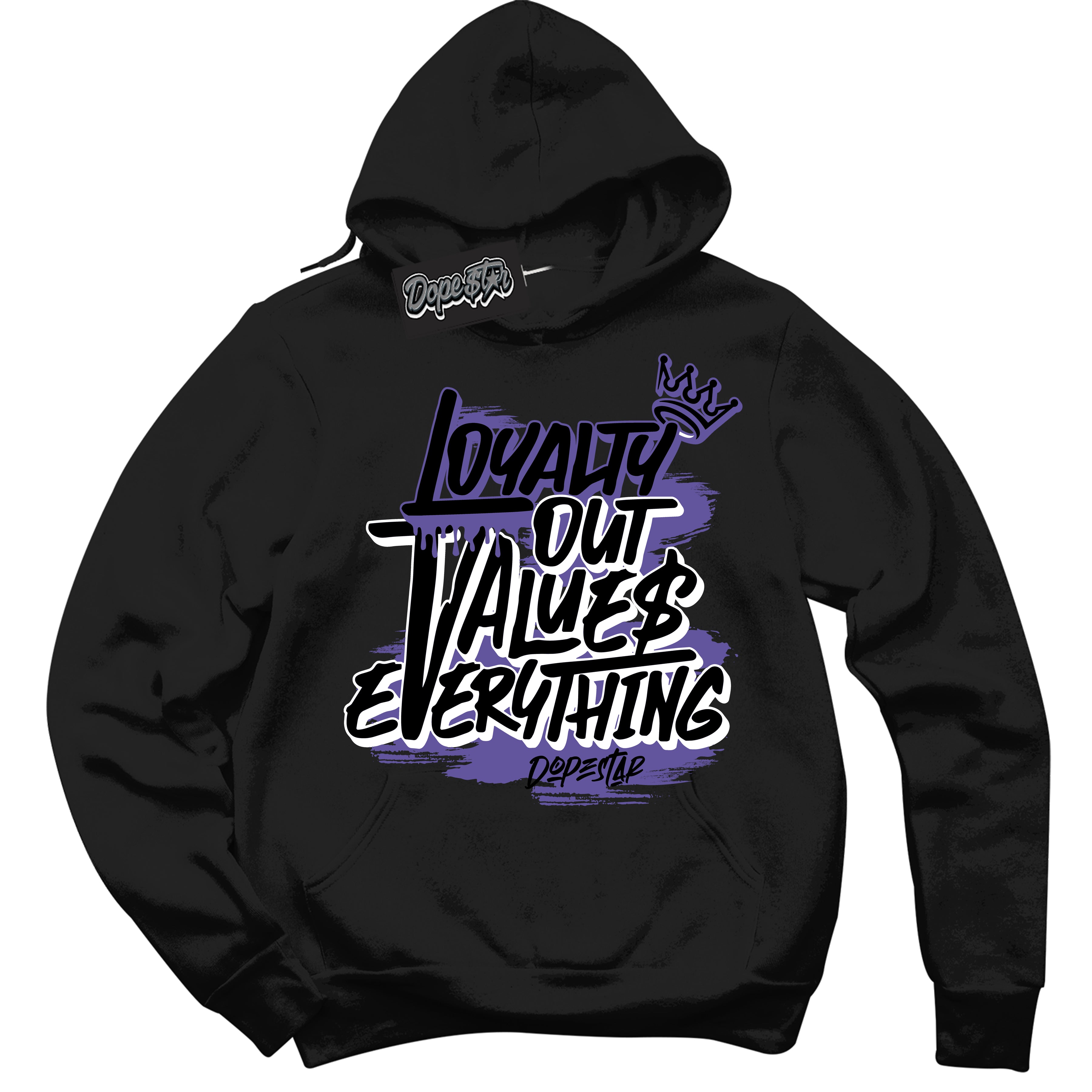 Cool Black Hoodie with “ Loyalty Out Values Everything ”  design that Perfectly Matches  Psychic Purple Sneakers.