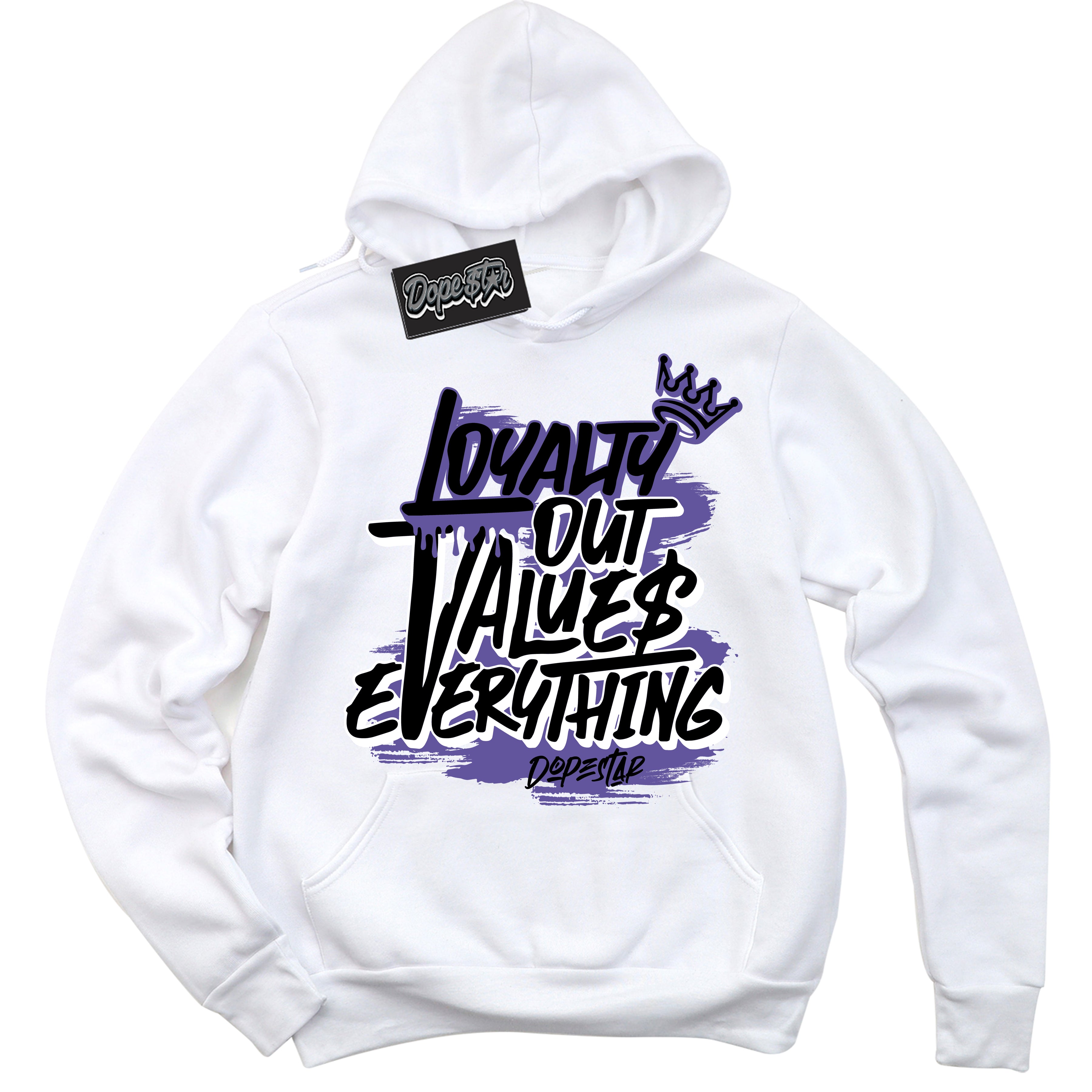 Cool White Hoodie with “ Loyalty Out Values Everything ”  design that Perfectly Matches Psychic Purple Sneakers.