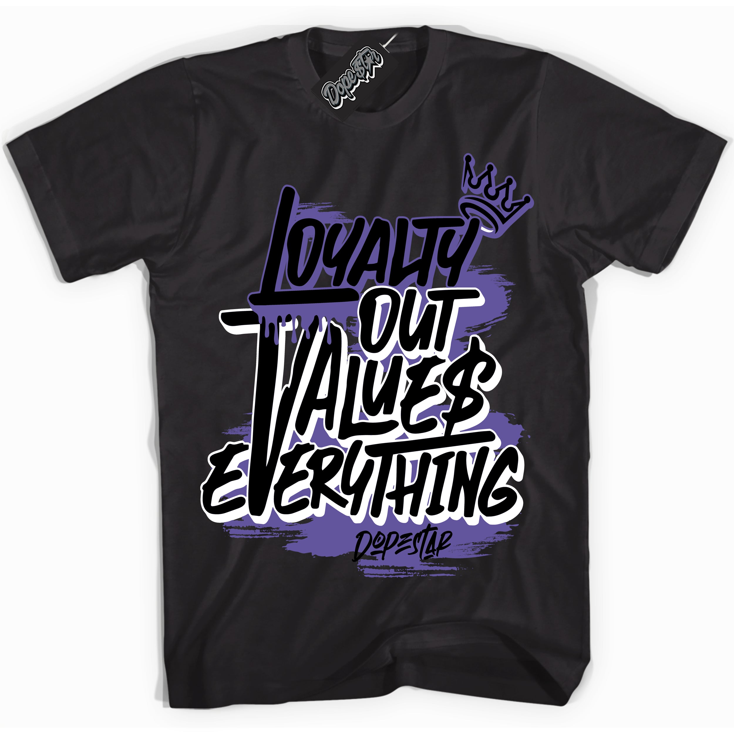 Cool Black Shirt with “ Loyalty Out Values Everything” design that perfectly matches Psychic Purple Sneakers.