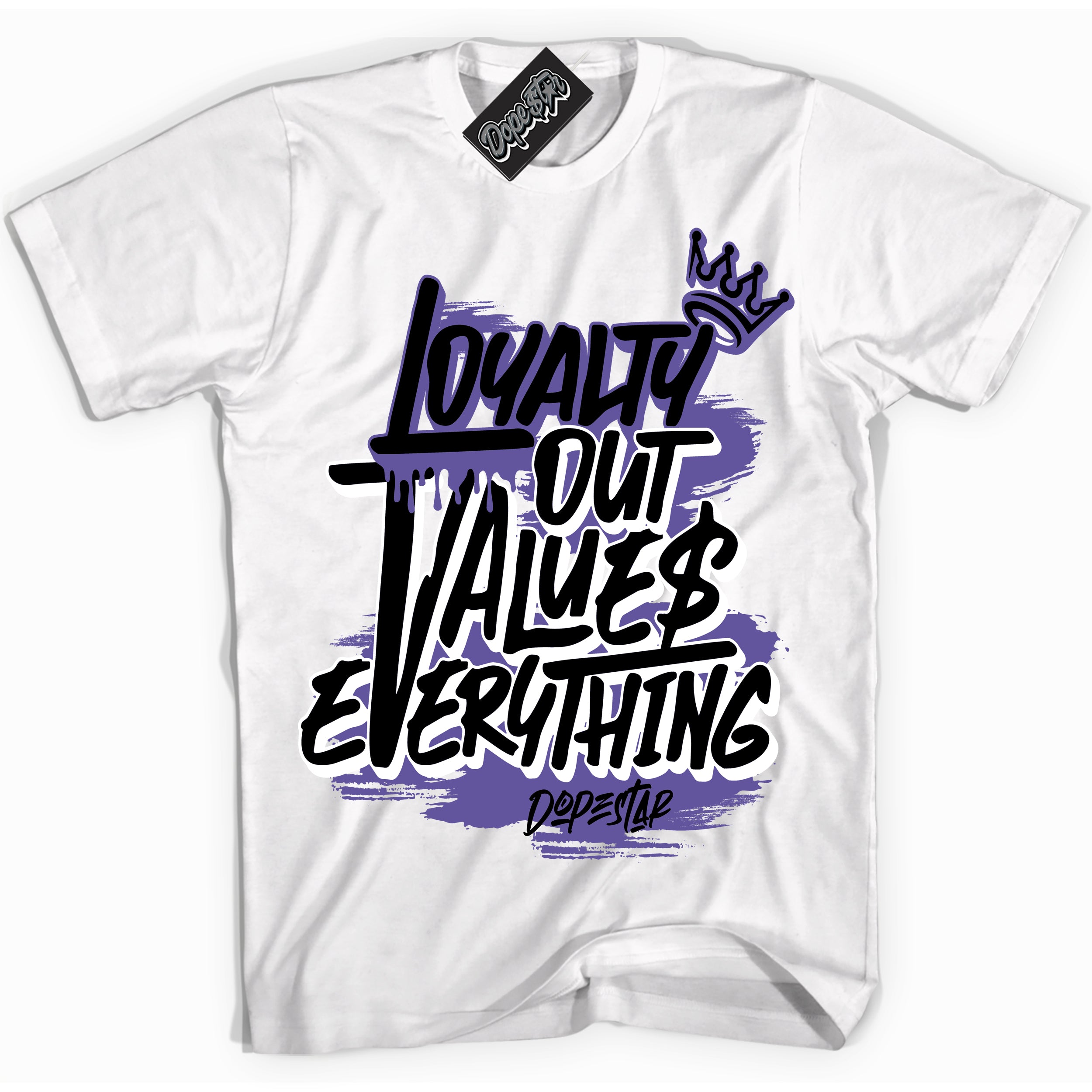 Cool White Shirt with “ Loyalty Out Values Everything” design that perfectly matches Psychic Purple Sneakers.