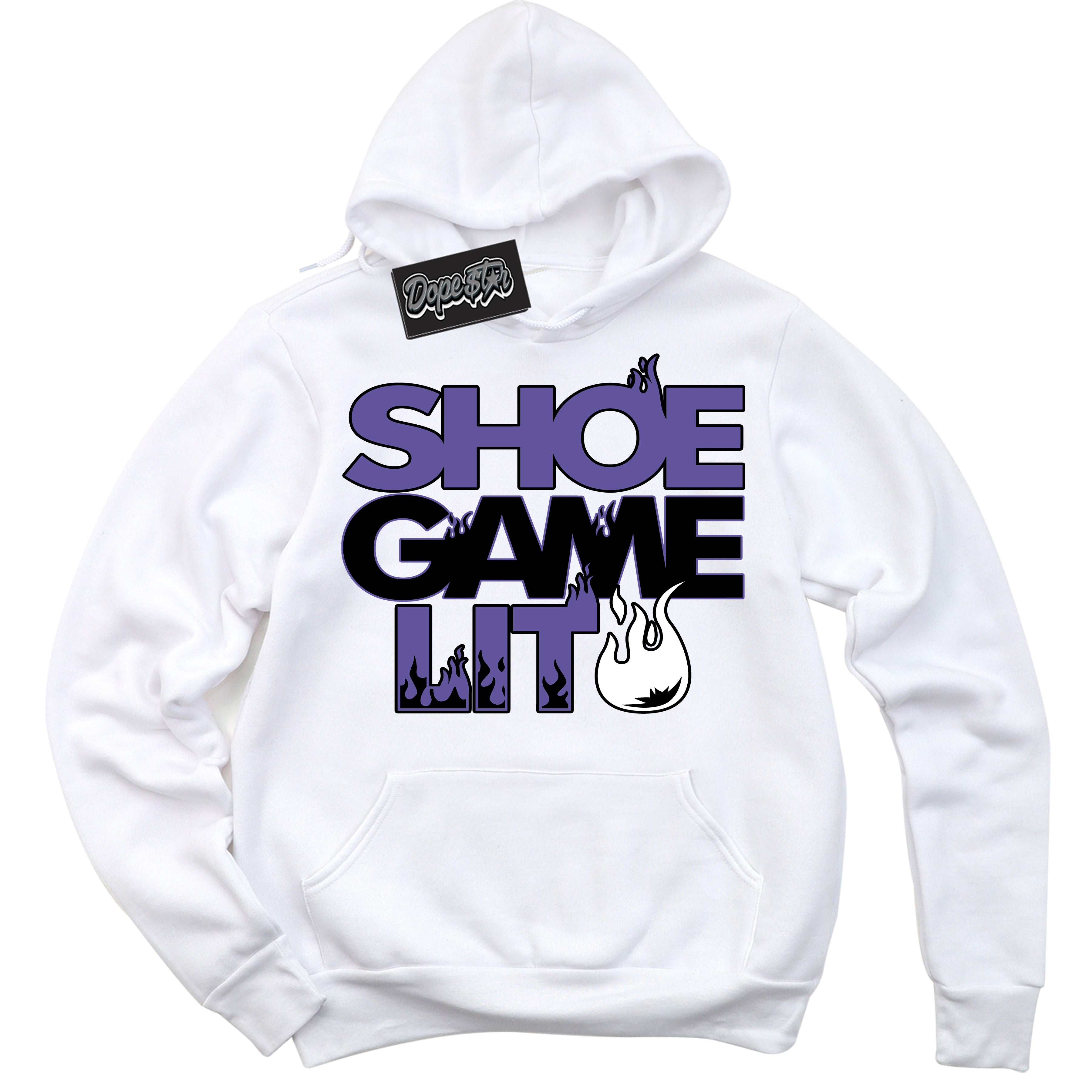 Cool White Hoodie with “ Shoe Game Lit '' design that Perfectly Matches  Psychic Purple Sneakers.