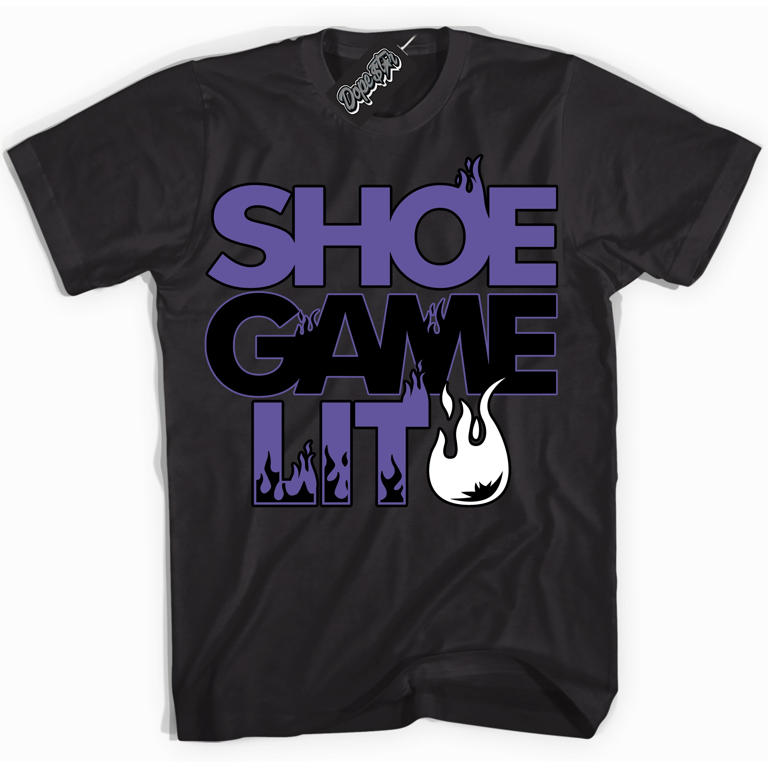 Cool Black Shirt with “ Shoe Game Lit ” design that perfectly matches Psychic Purple Sneakers.