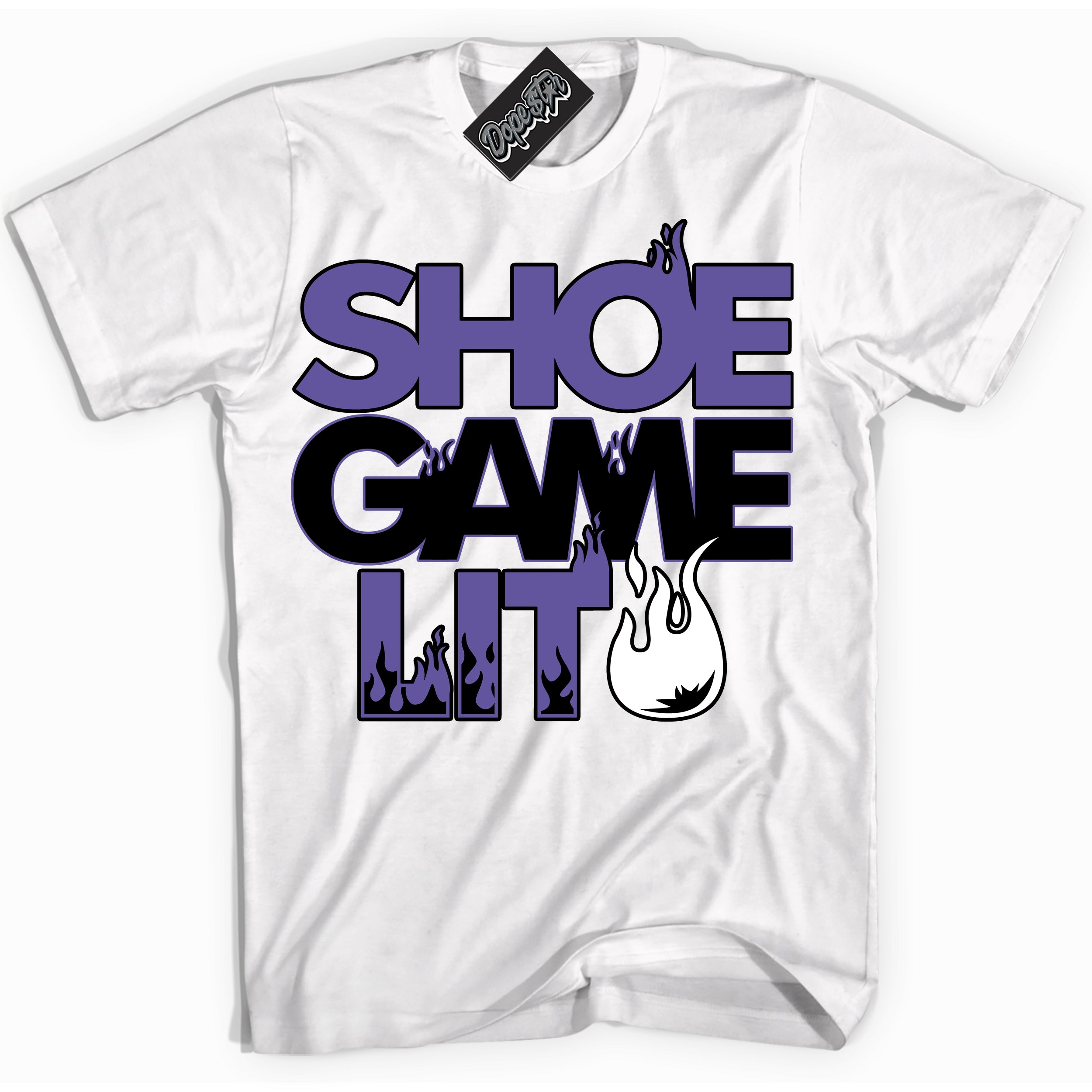 Cool White Shirt with “ Shoe Game Lit ” design that perfectly matches Psychic Purple Sneakers.