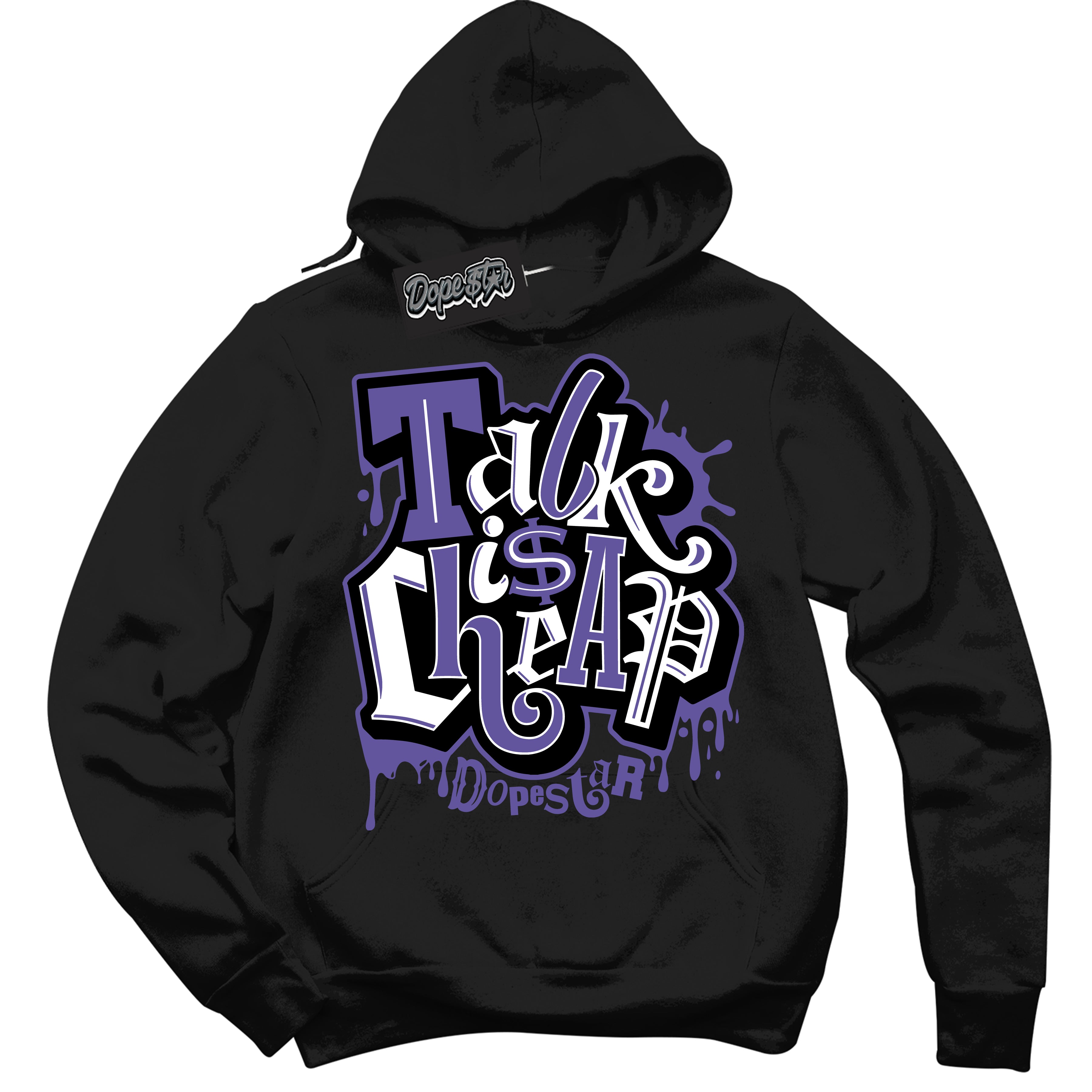 Cool Black Hoodie with “ Talk Is Cheap ”  design that Perfectly Matches Psychic Purple Sneakers.