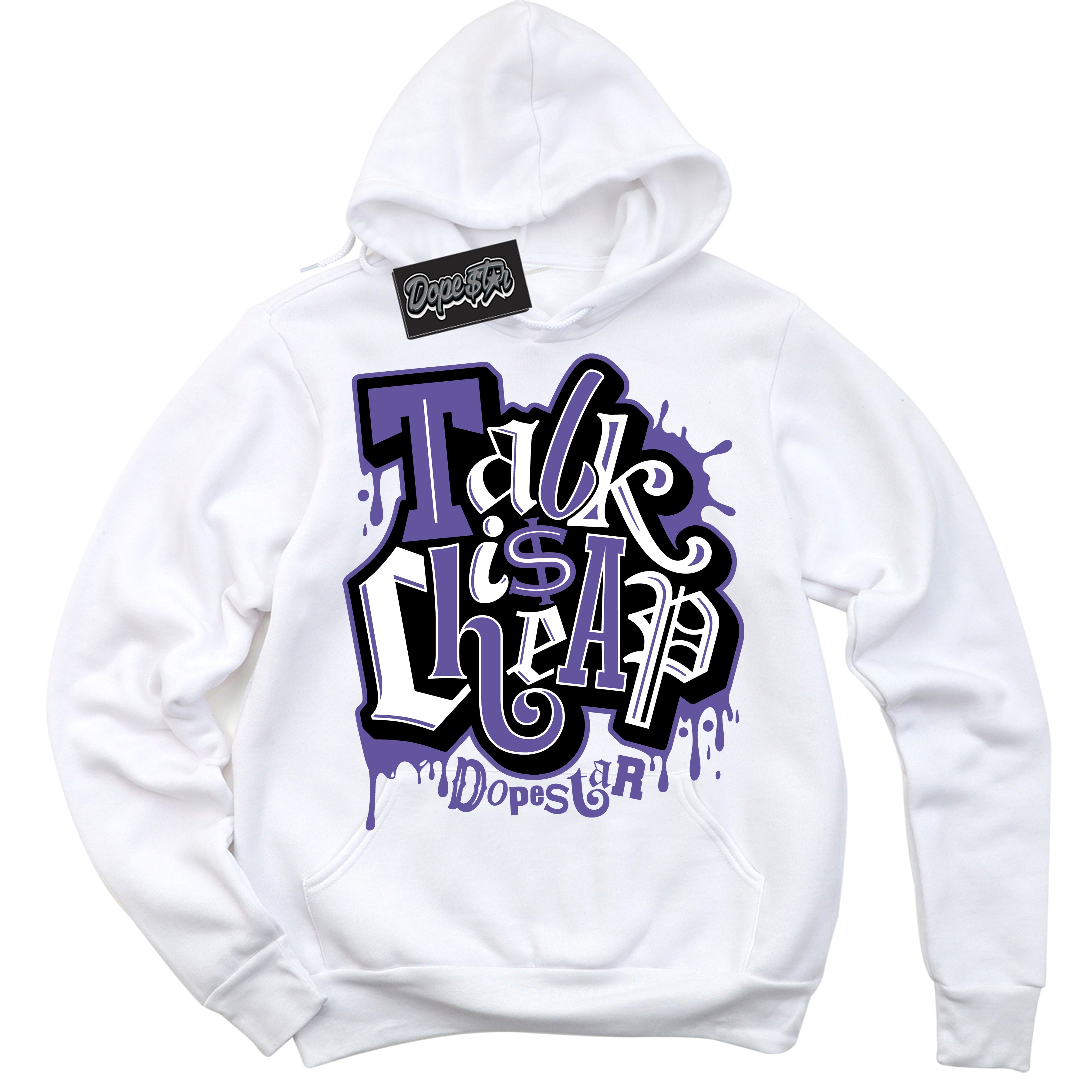 Cool White Hoodie with “ Talk Is Cheap ”  design that Perfectly Matches Psychic Purple Sneakers.