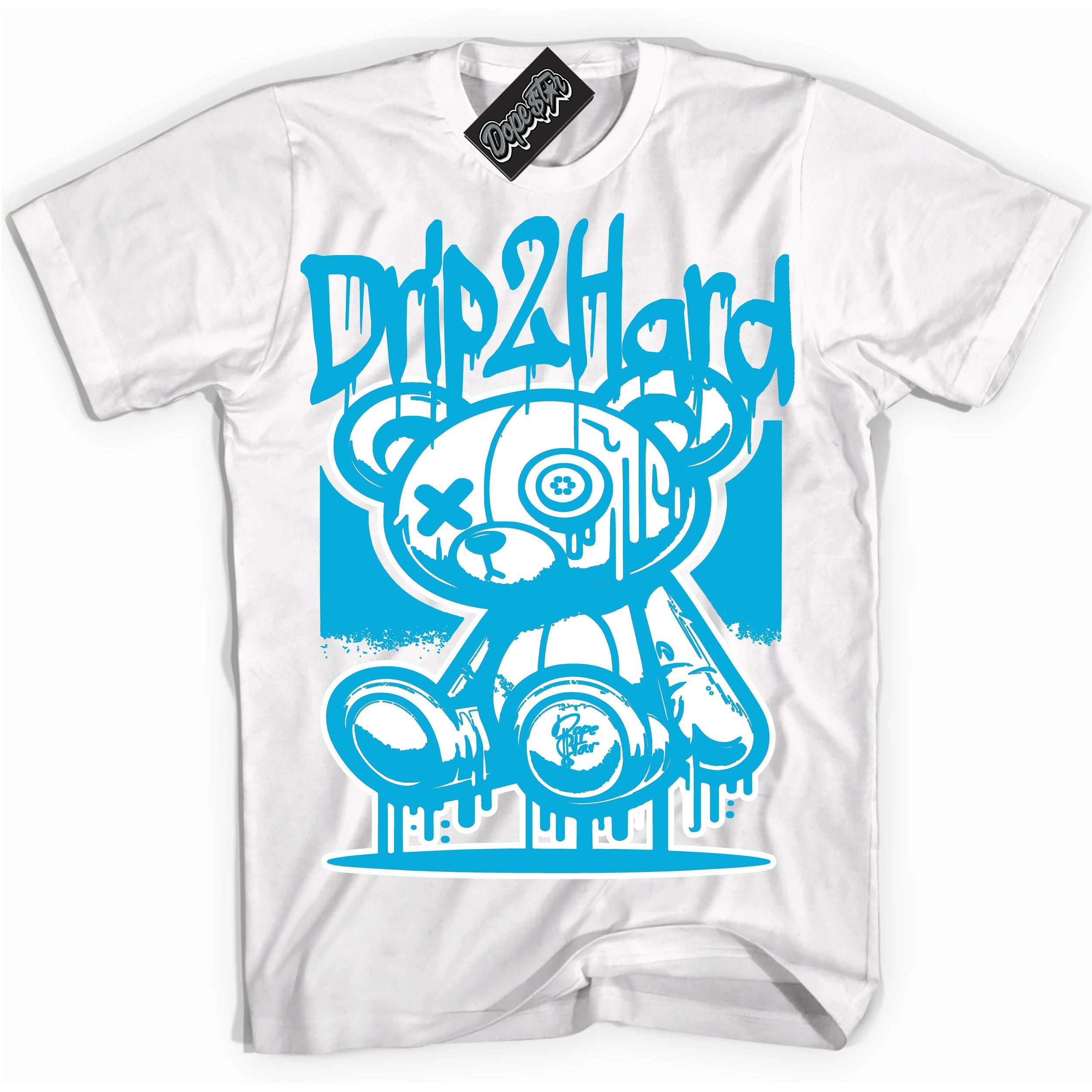Cool White graphic tee with “ Drip 2 Hard ” design, that perfectly matches Laser Blue