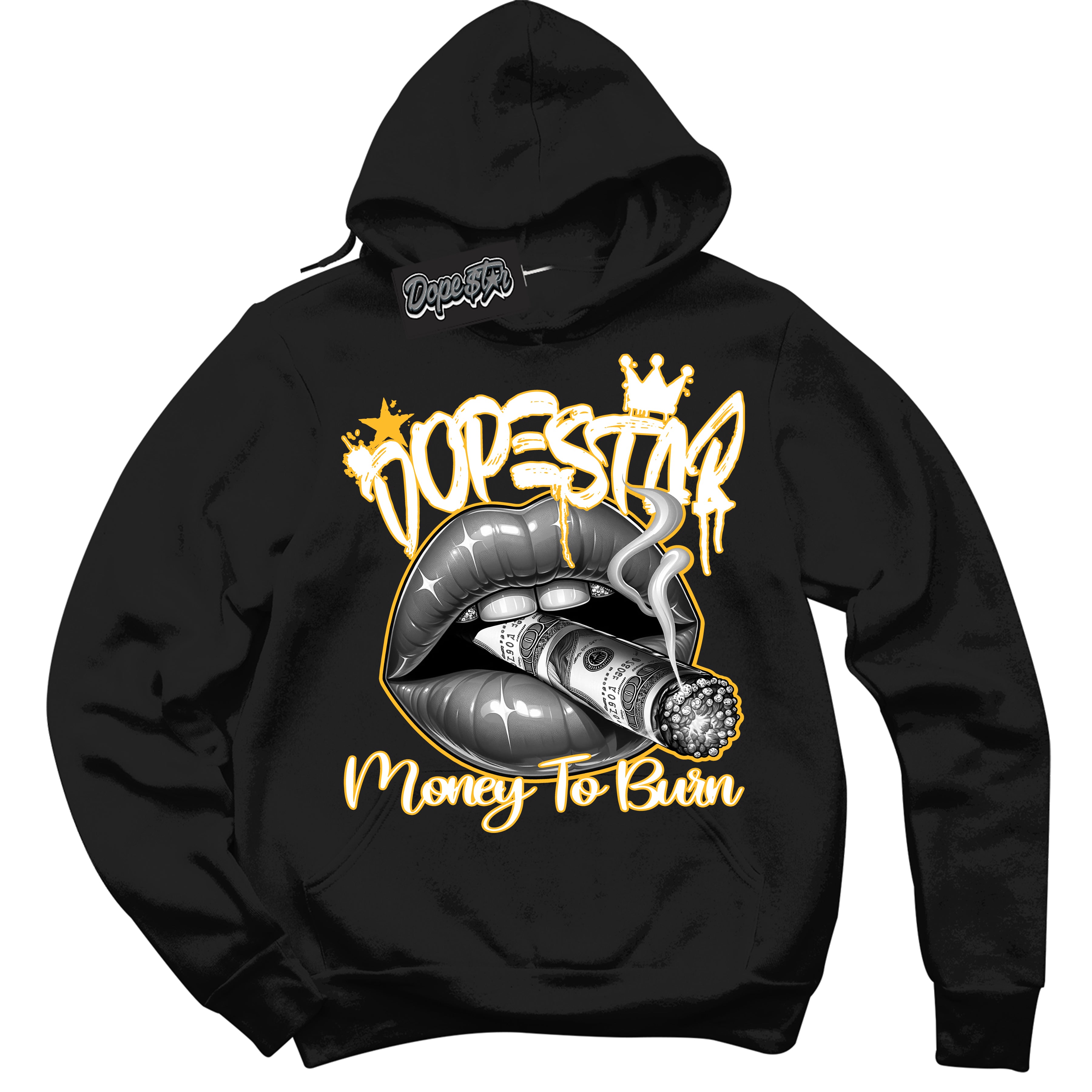 Cool Black Hoodie with “ Money To Burn ”  design that Perfectly Matches University Gold Dunk Sneakers.