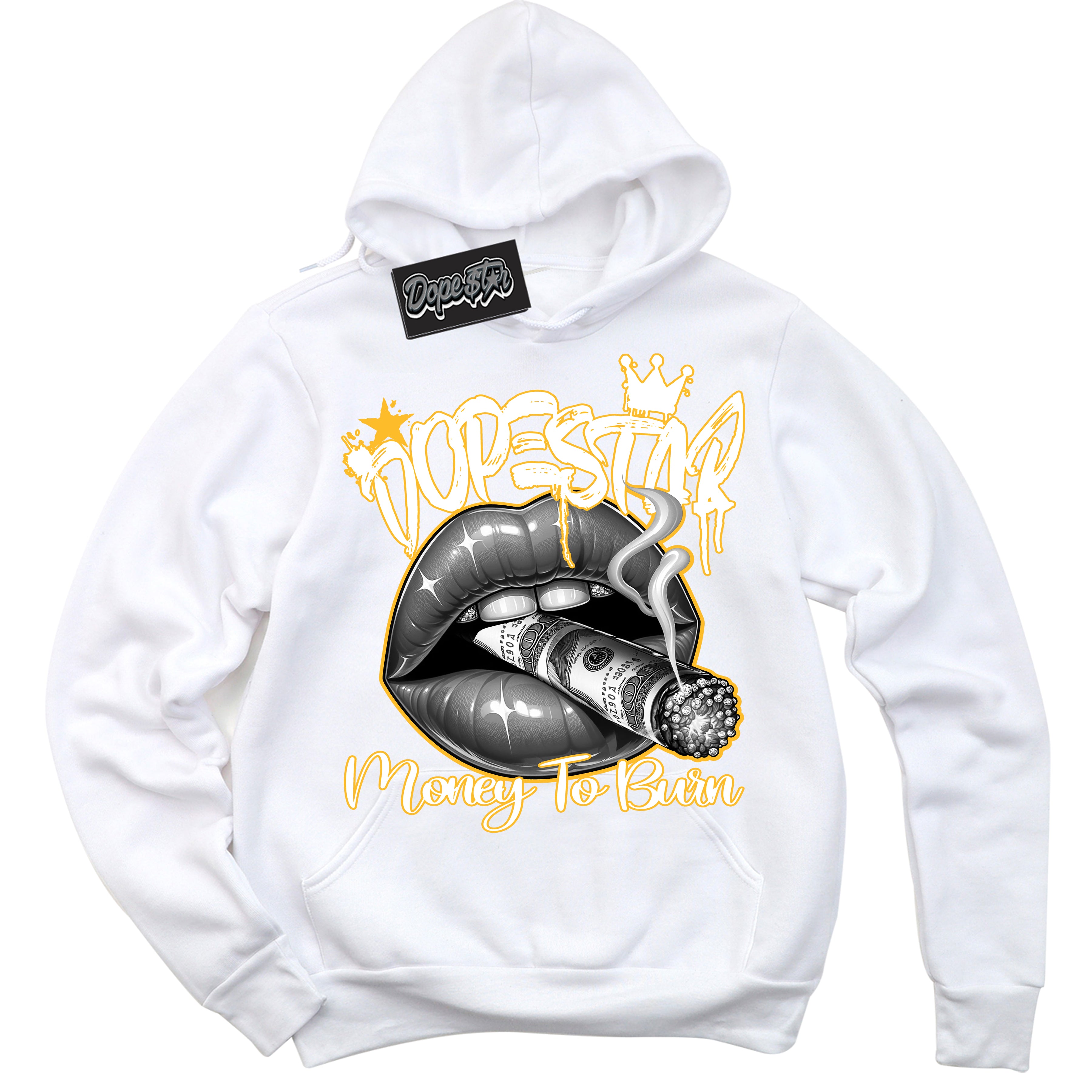 Cool White Hoodie with “ Money To Burn ”  design that Perfectly Matches University Gold Dunk Sneakers.