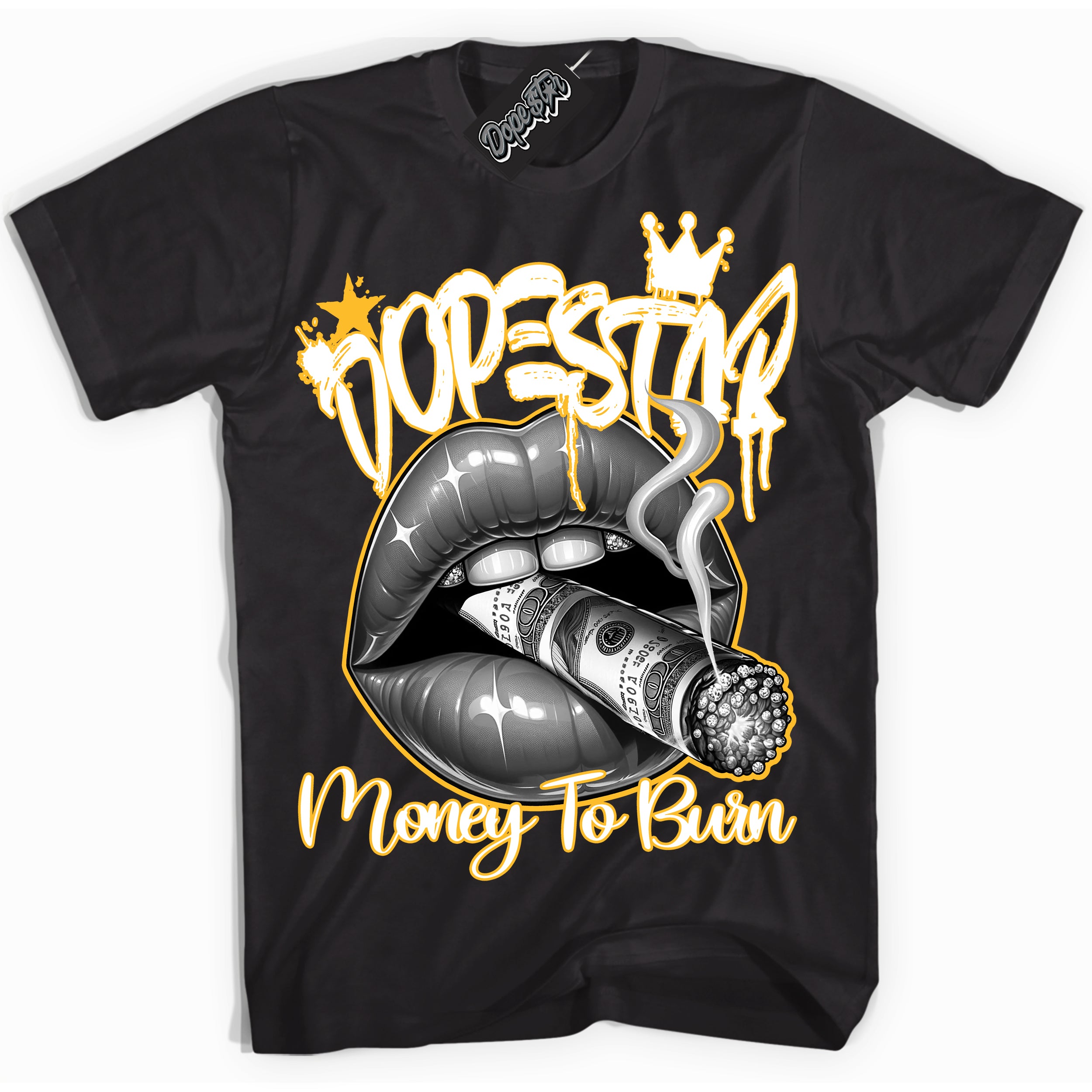 Cool Black Shirt with “ Money To Burn” design that perfectly matches University Gold Dunk Sneakers.