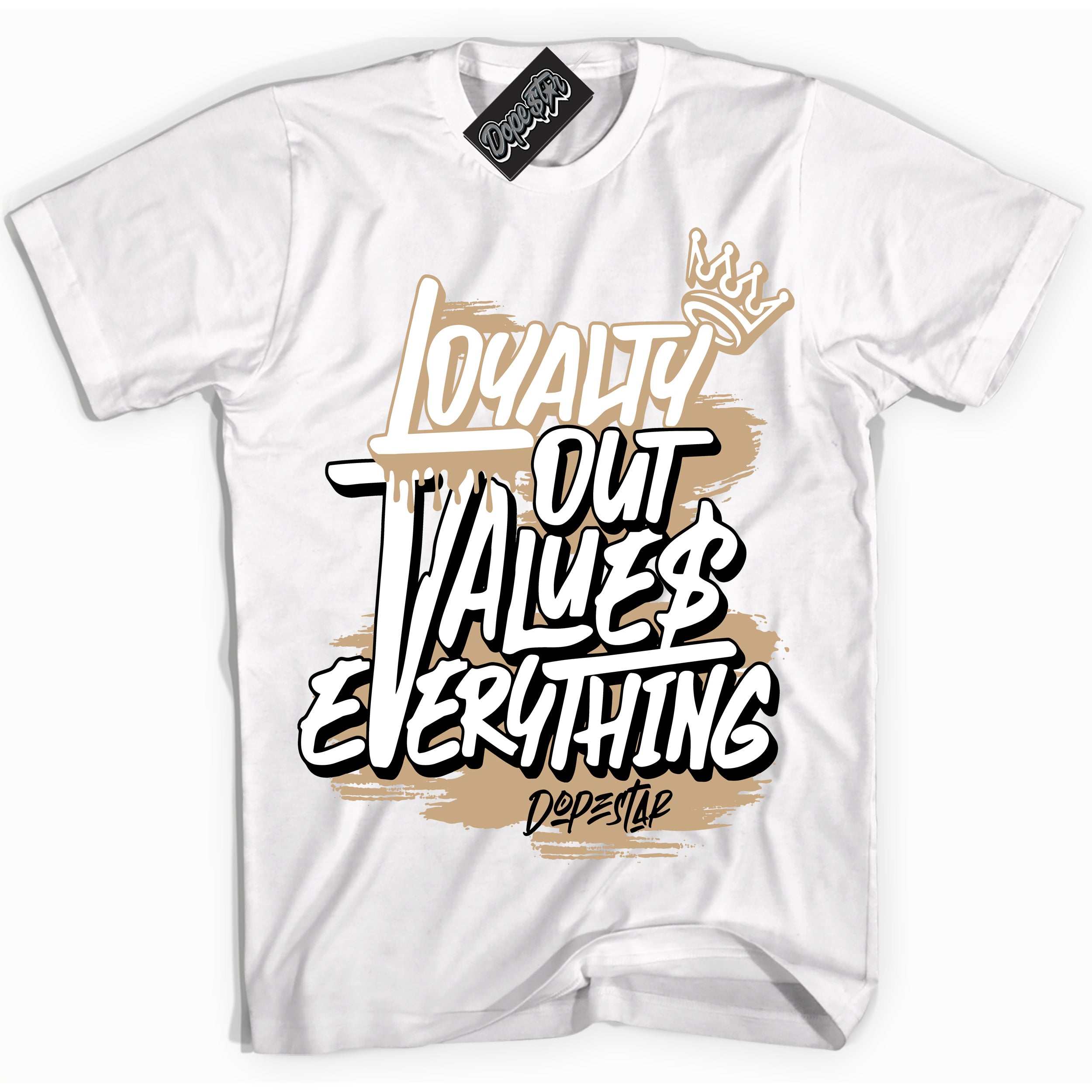 Cool White Shirt with “Loyalty Out Values Everything” design that perfectly matches Black Anthracite Sesame Dunk.