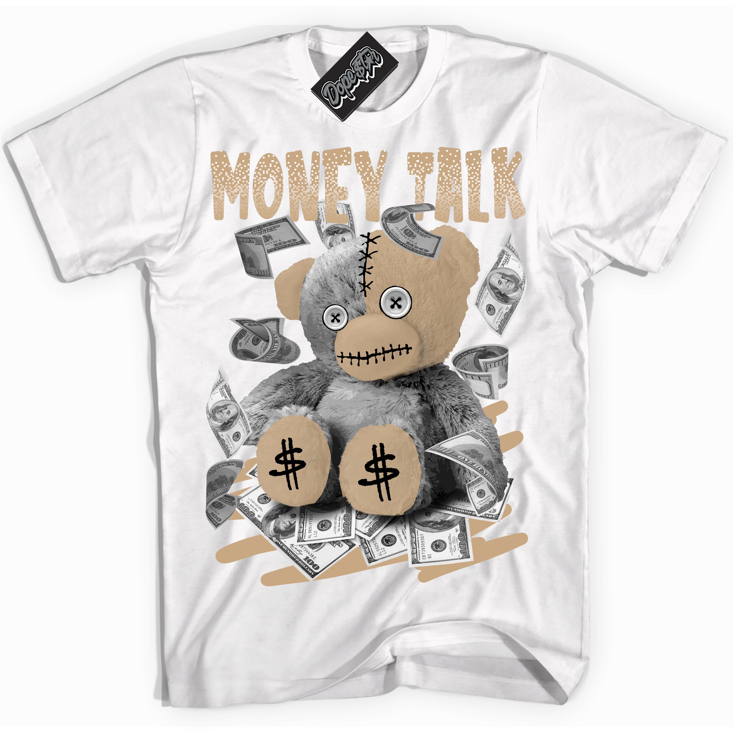 Cool White Shirt with “Money Talk Bear” design that perfectly matches Black Anthracite Sesame Dunk Dunk.