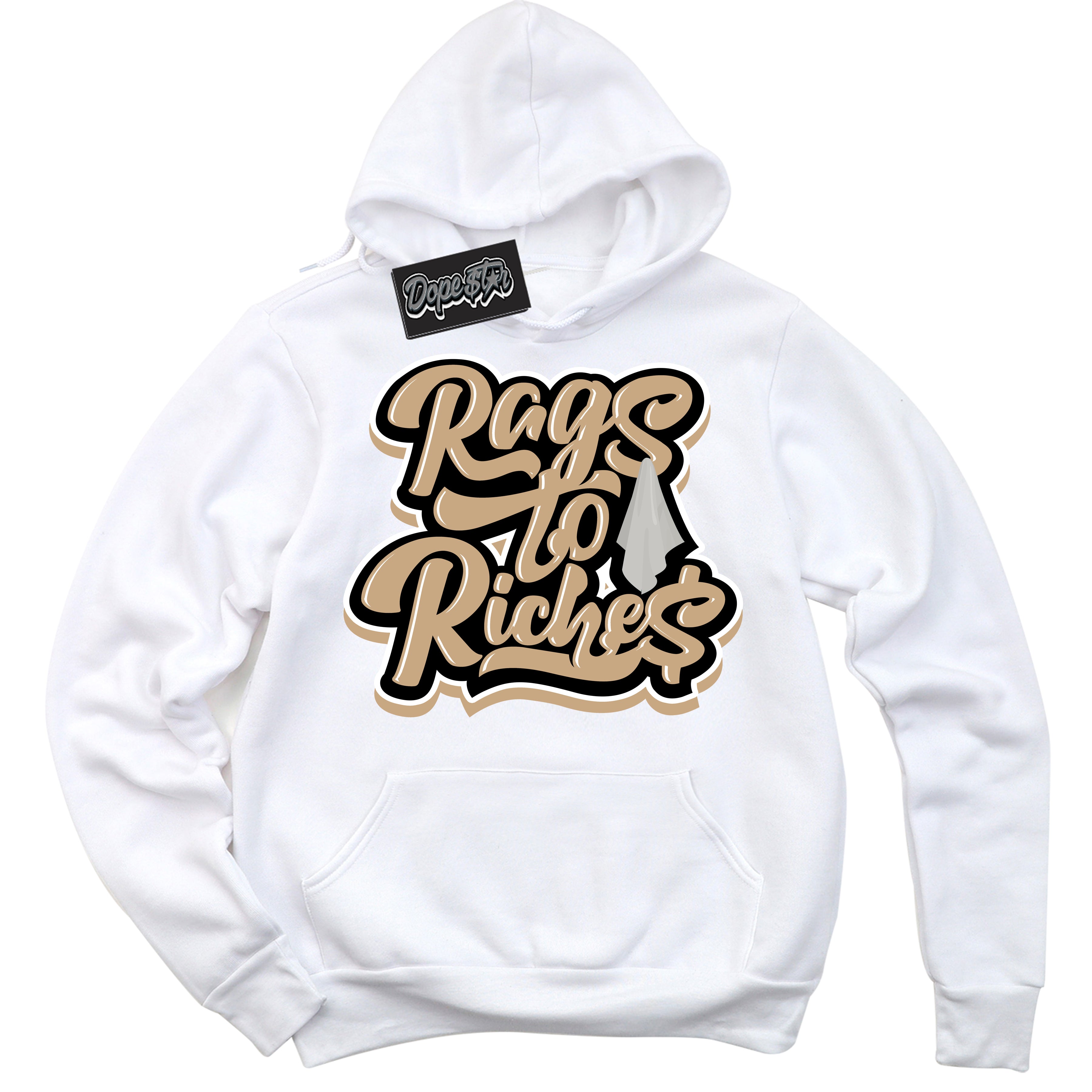 Cool White Hoodie with “Rags To Riches” design that Perfectly Matches Black Anthracite Sesame Dunk Dunk.