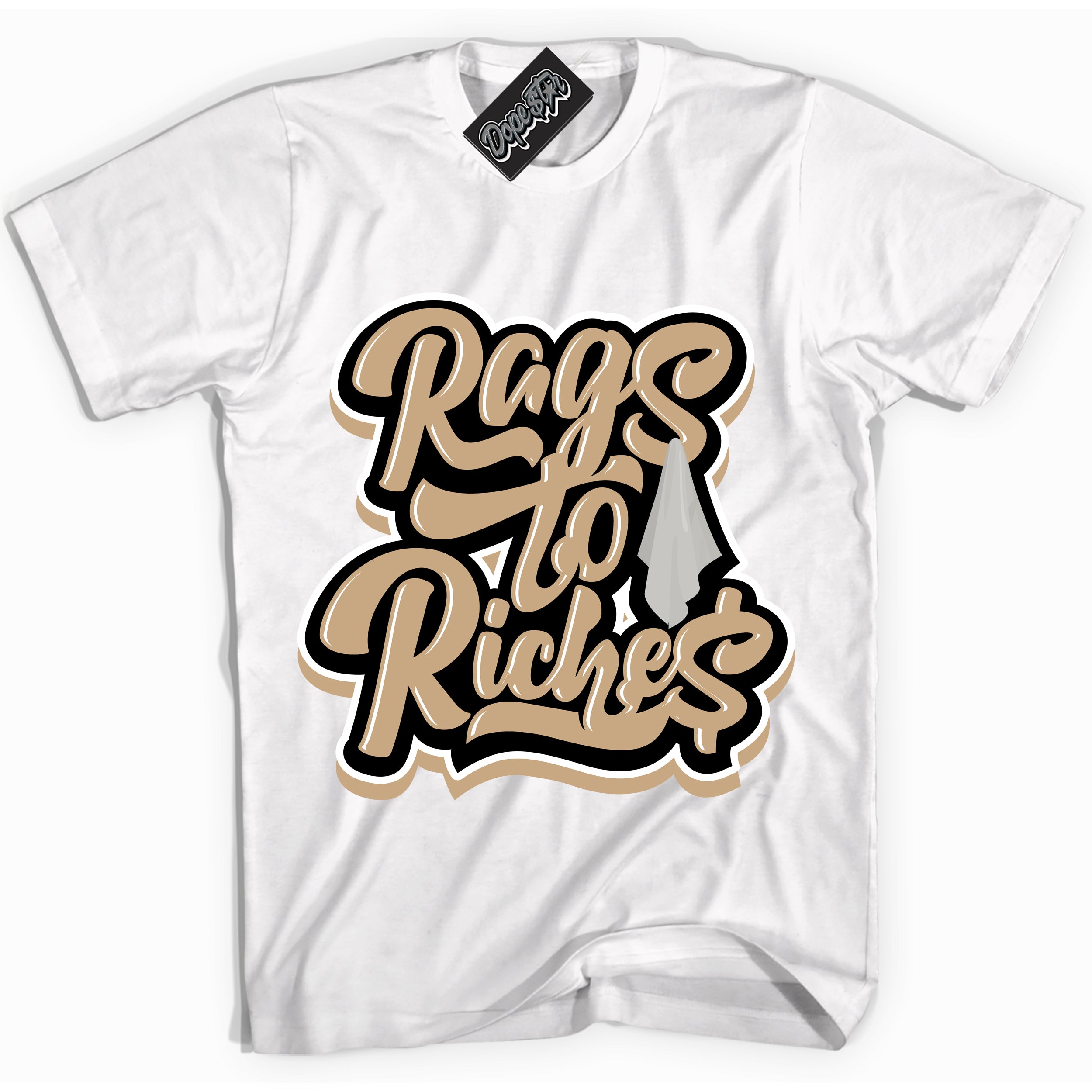 Cool White Shirt with “Rags To Riches” design that perfectly matches Black Anthracite Sesame Dunk Dunk.