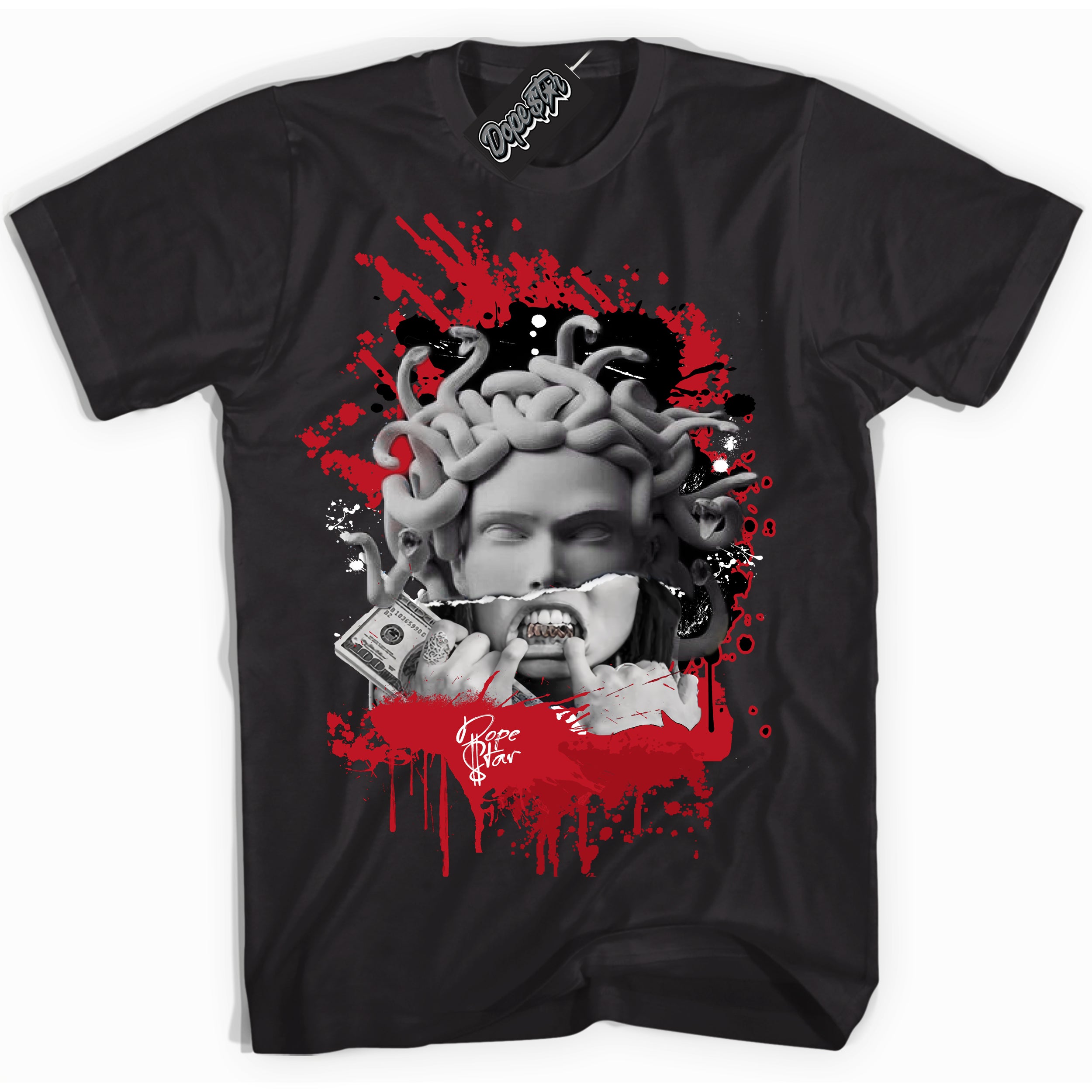 Cool Black Shirt with “ Medusa ” design that perfectly matches Black Dragon Red Dunk.
