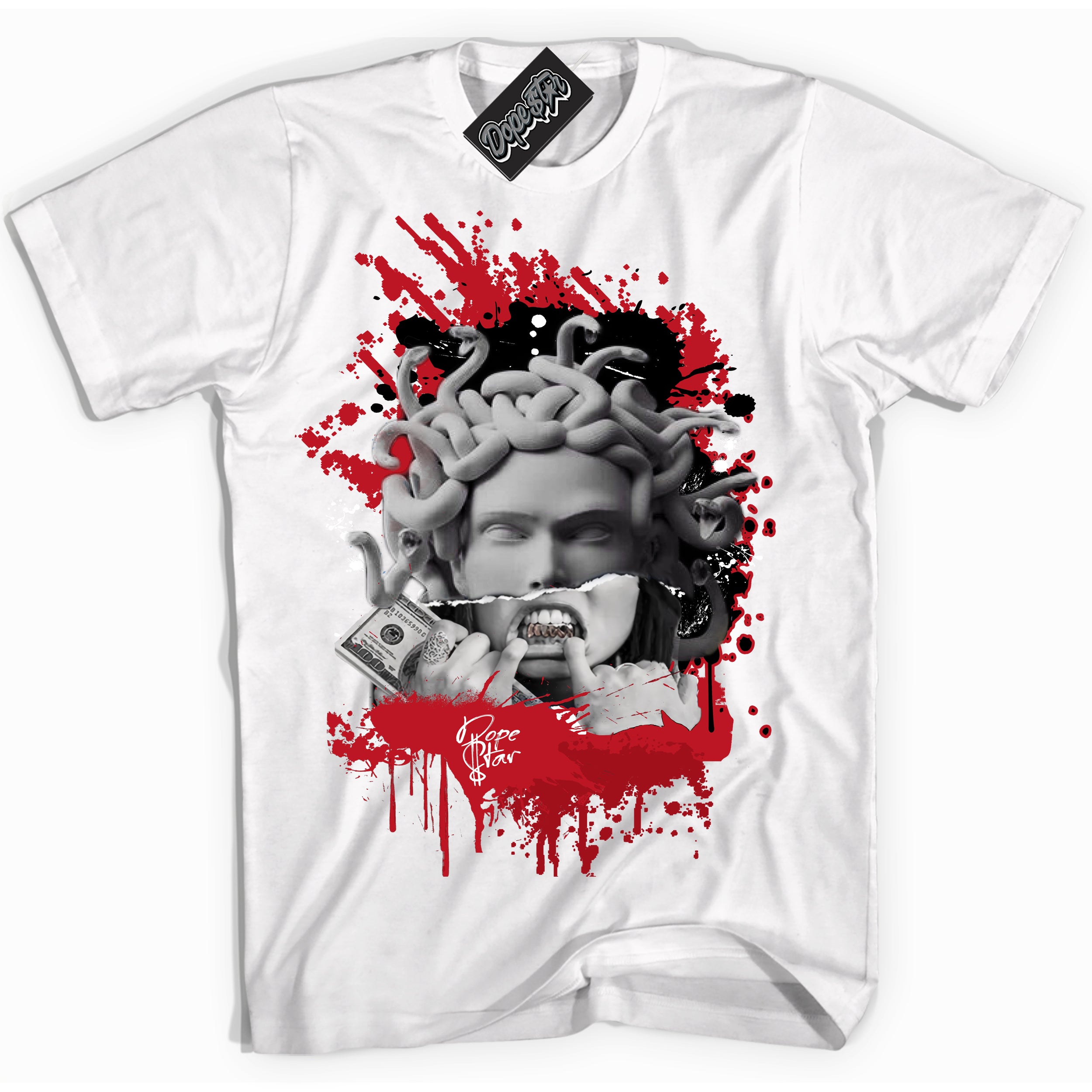 Cool White Shirt with “ Medusa ” design that perfectly matches Black Dragon Red Dunk.
