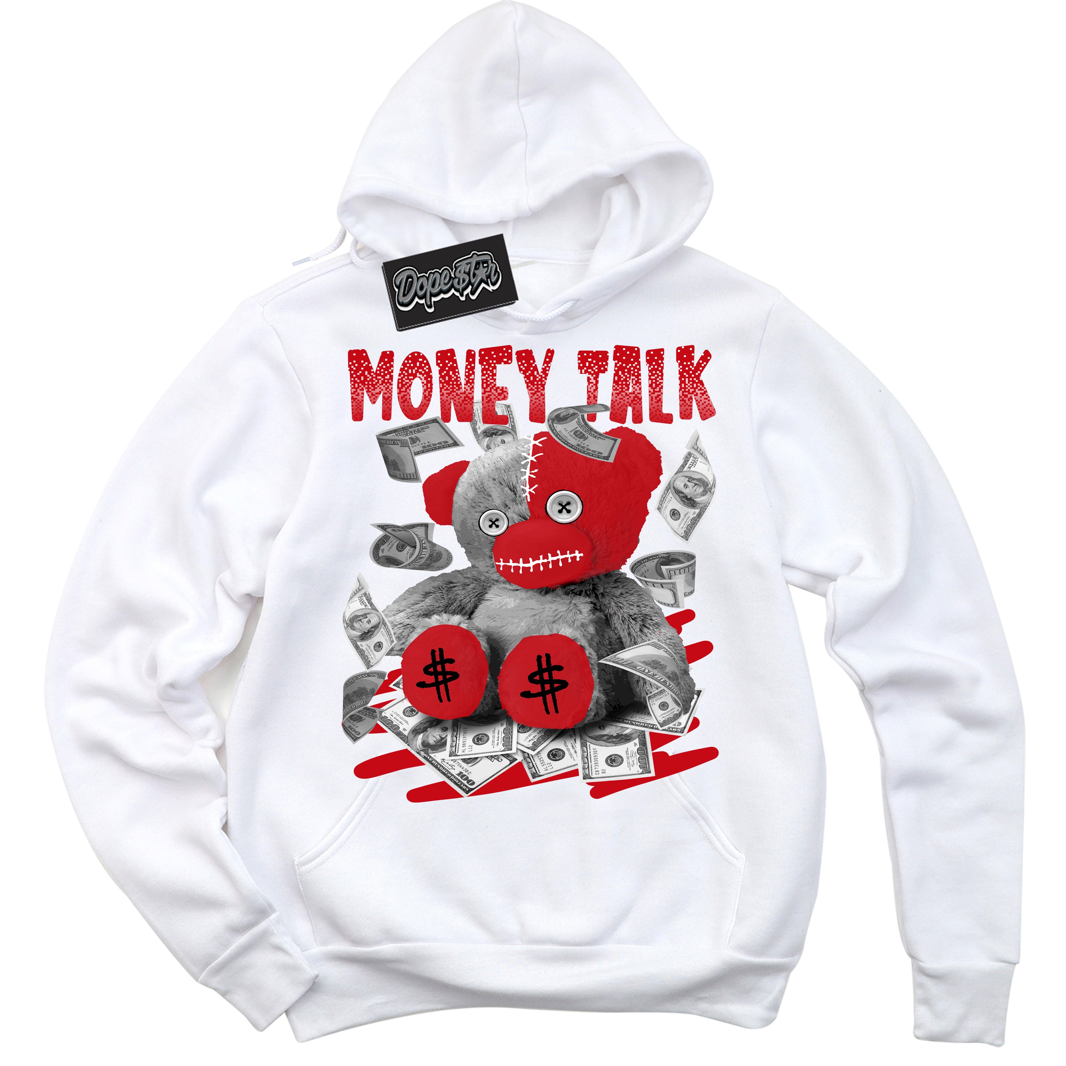 Cool White Hoodie with “ Money Talk Bear ”  design that Perfectly Matches Black Dragon Red Dunk.
