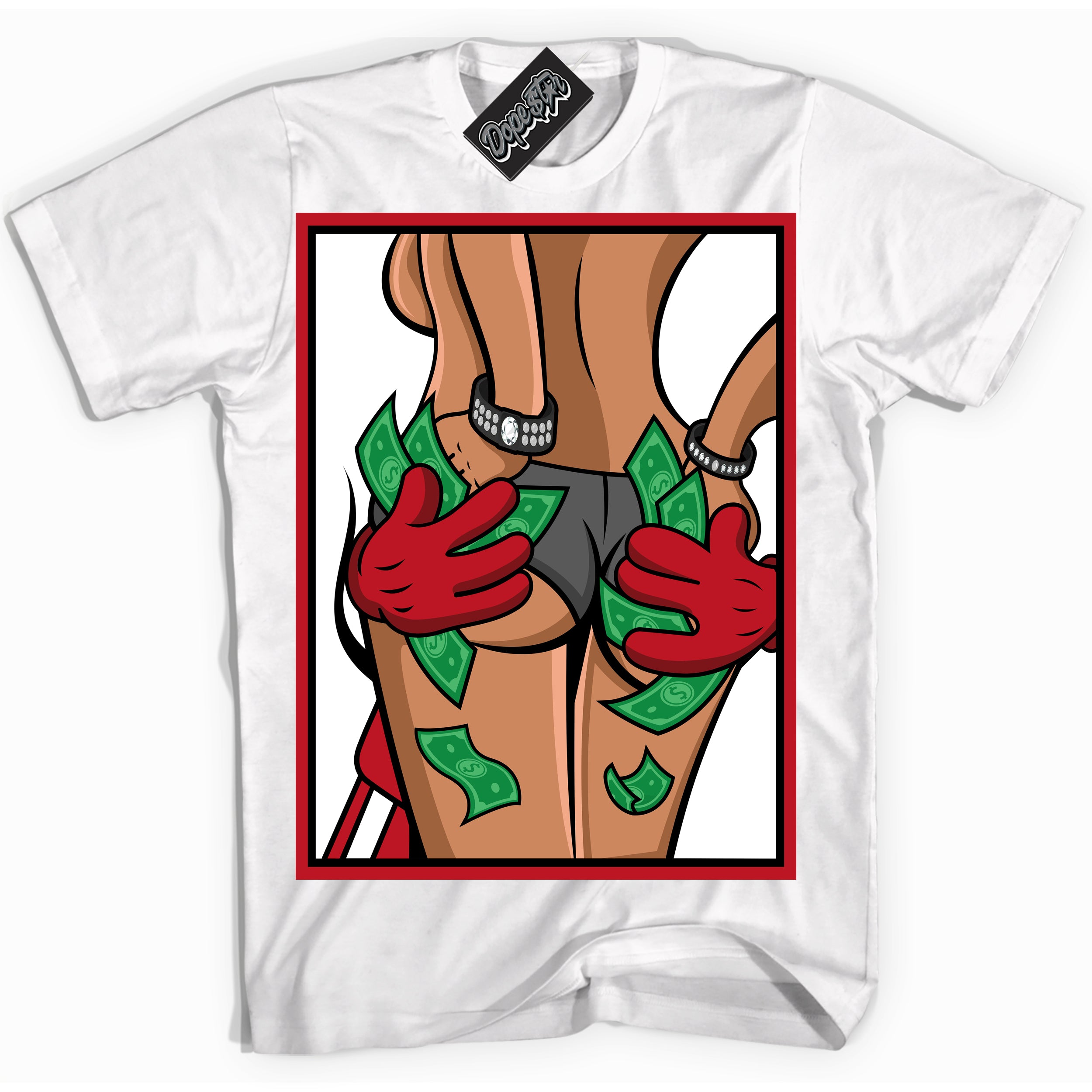 Cool White Shirt with “ Money Hands ” design that perfectly matches Black Dragon Red Dunk.
