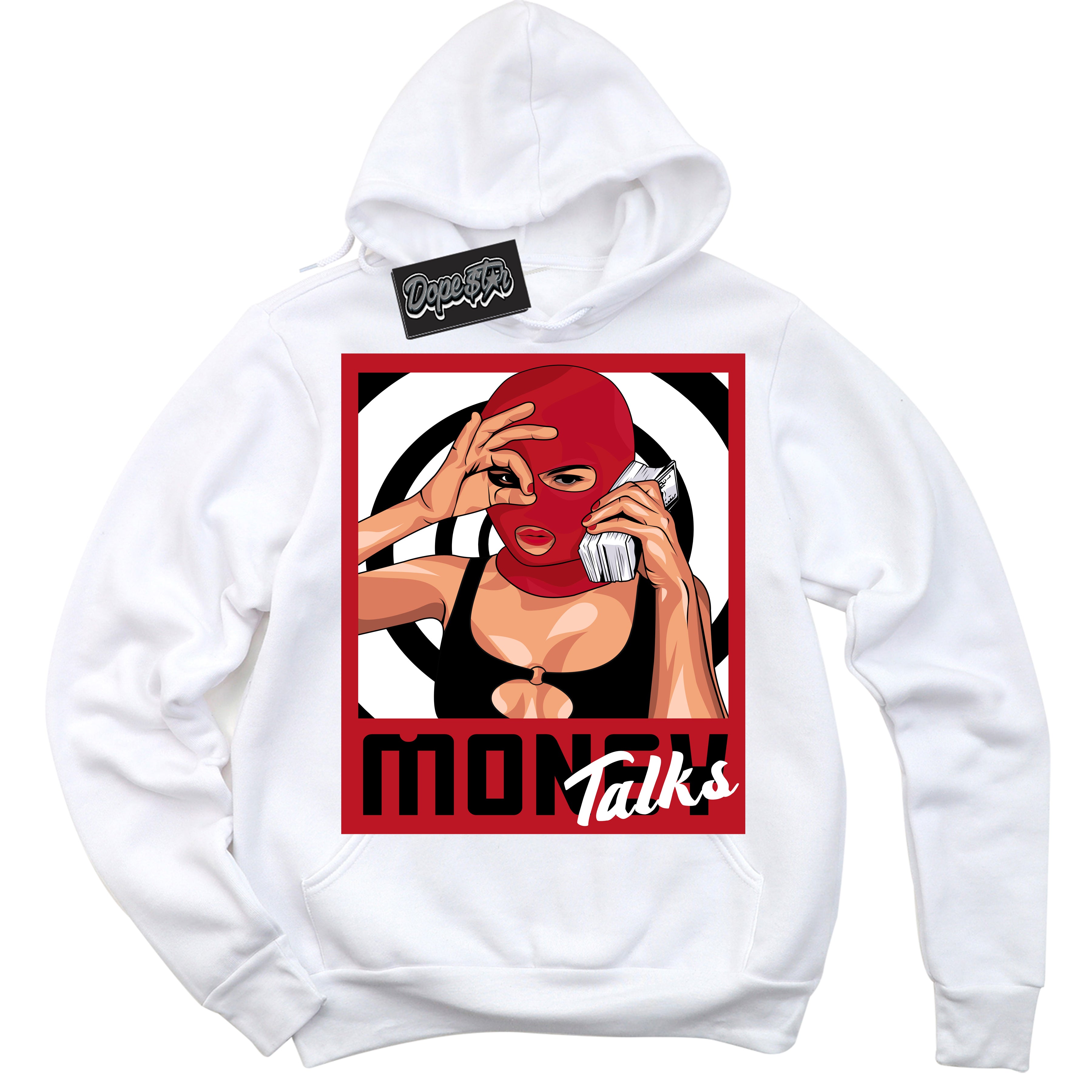 Cool White Hoodie with “ Money Talks ”  design that Perfectly Matches Black Dragon Red Dunk.
