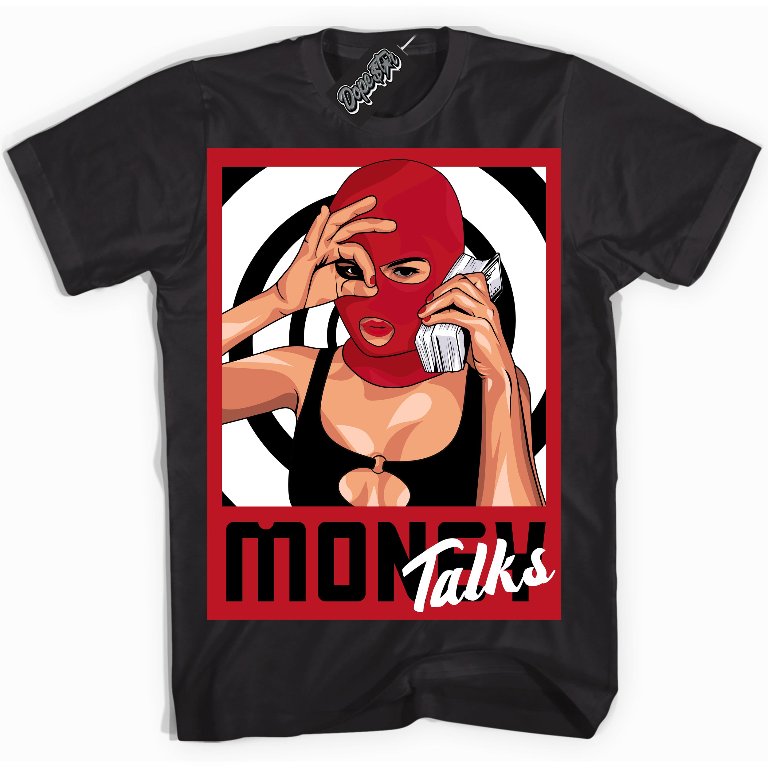 Cool Black Shirt with “ Money Talks ” design that perfectly matches Black Dragon Red Dunk.
