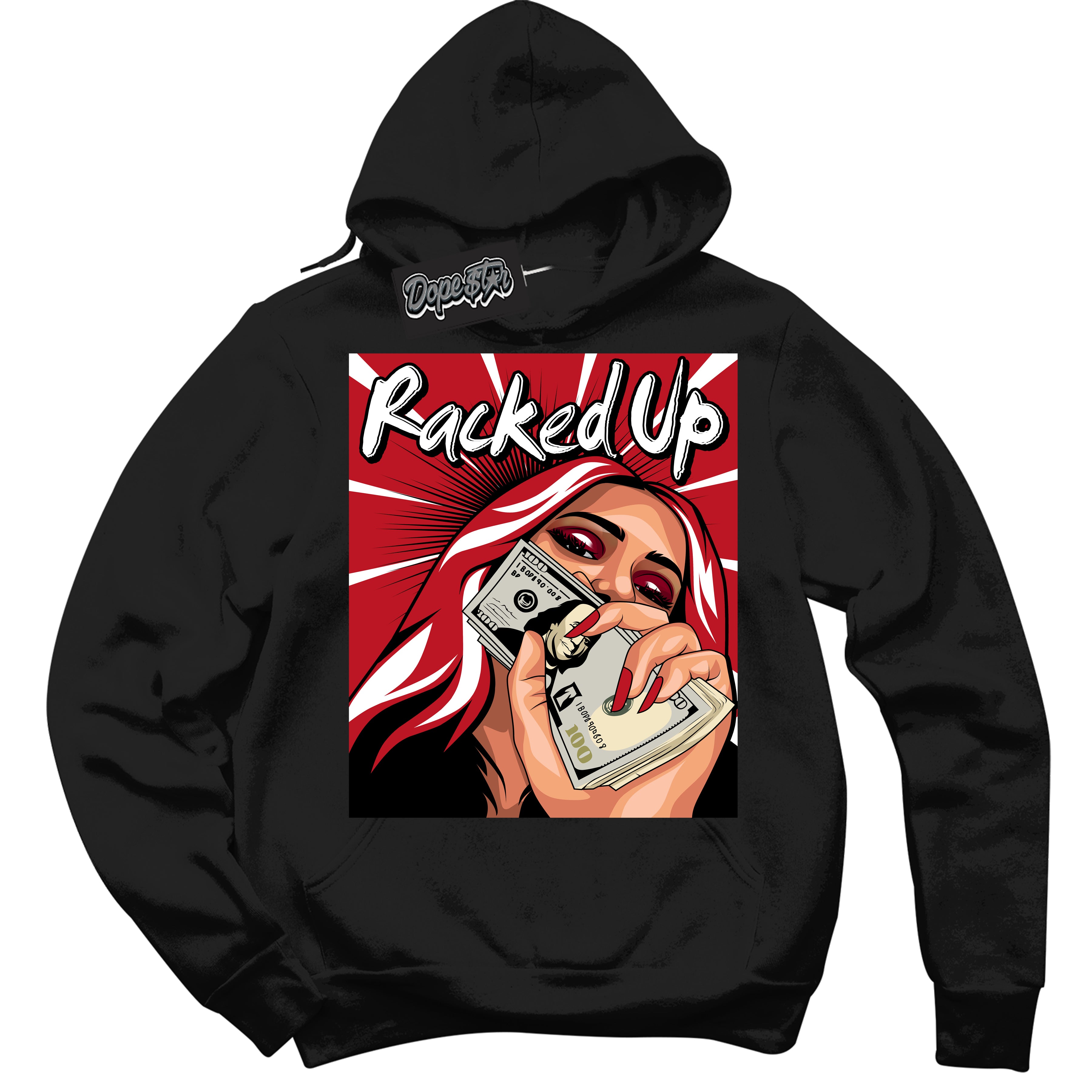 Cool Black Hoodie with “ Racked Up ”  design that Perfectly Matches Black Dragon Red Dunk.