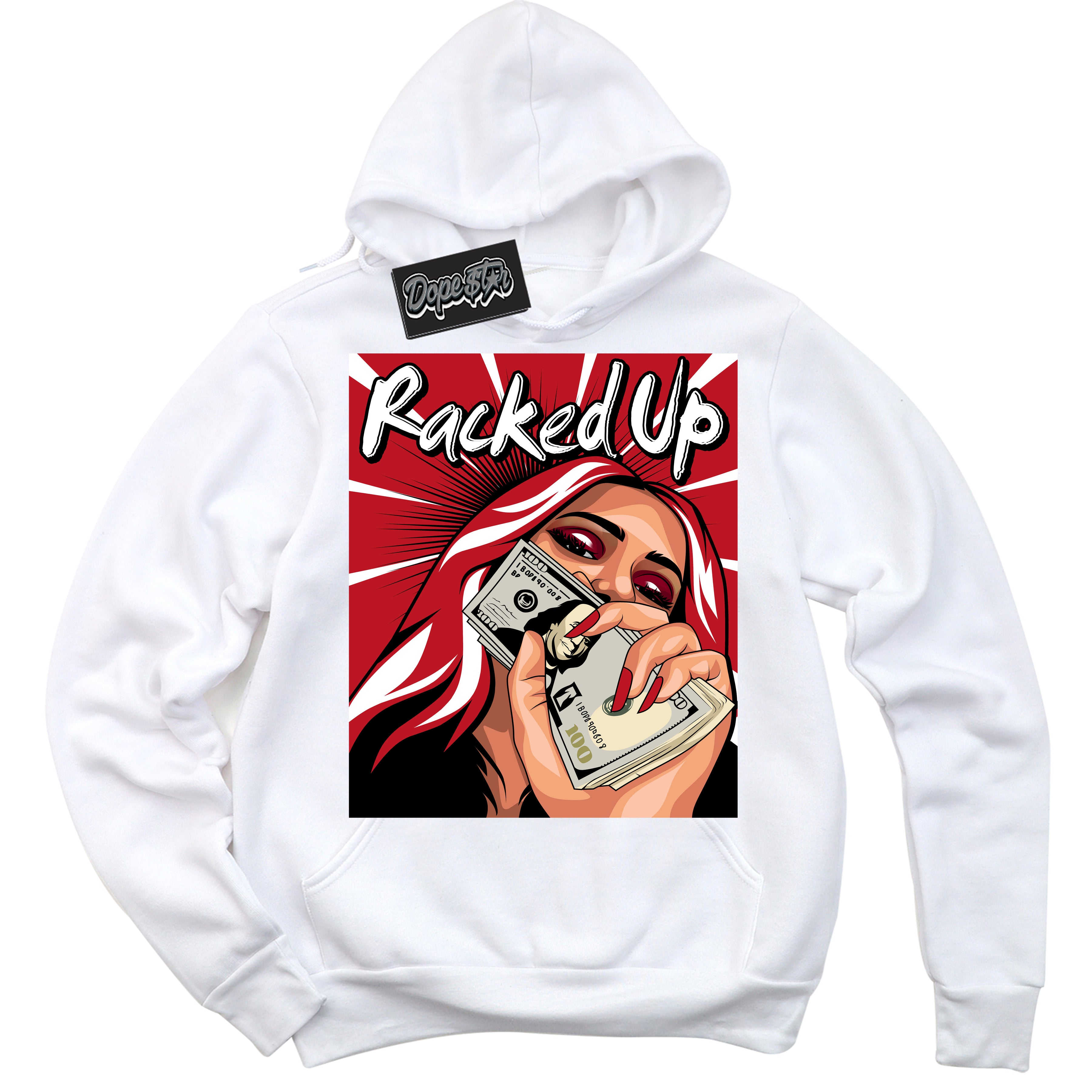 Cool White Hoodie with “ Racked Up ”  design that Perfectly Matches Black Dragon Red Dunk.