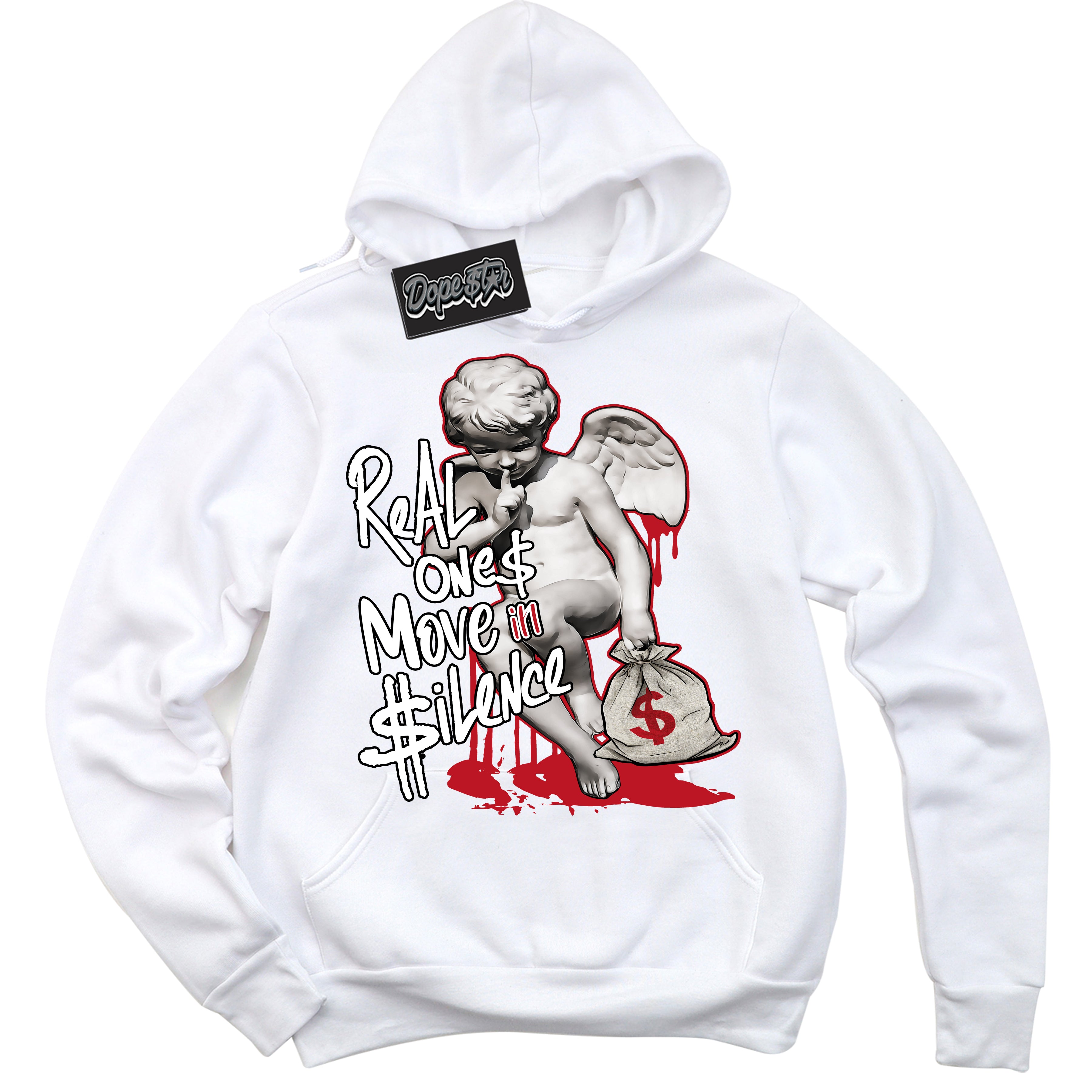 Cool White Hoodie with “ Real Ones Cherub ”  design that Perfectly Matches Black Dragon Red Dunk.